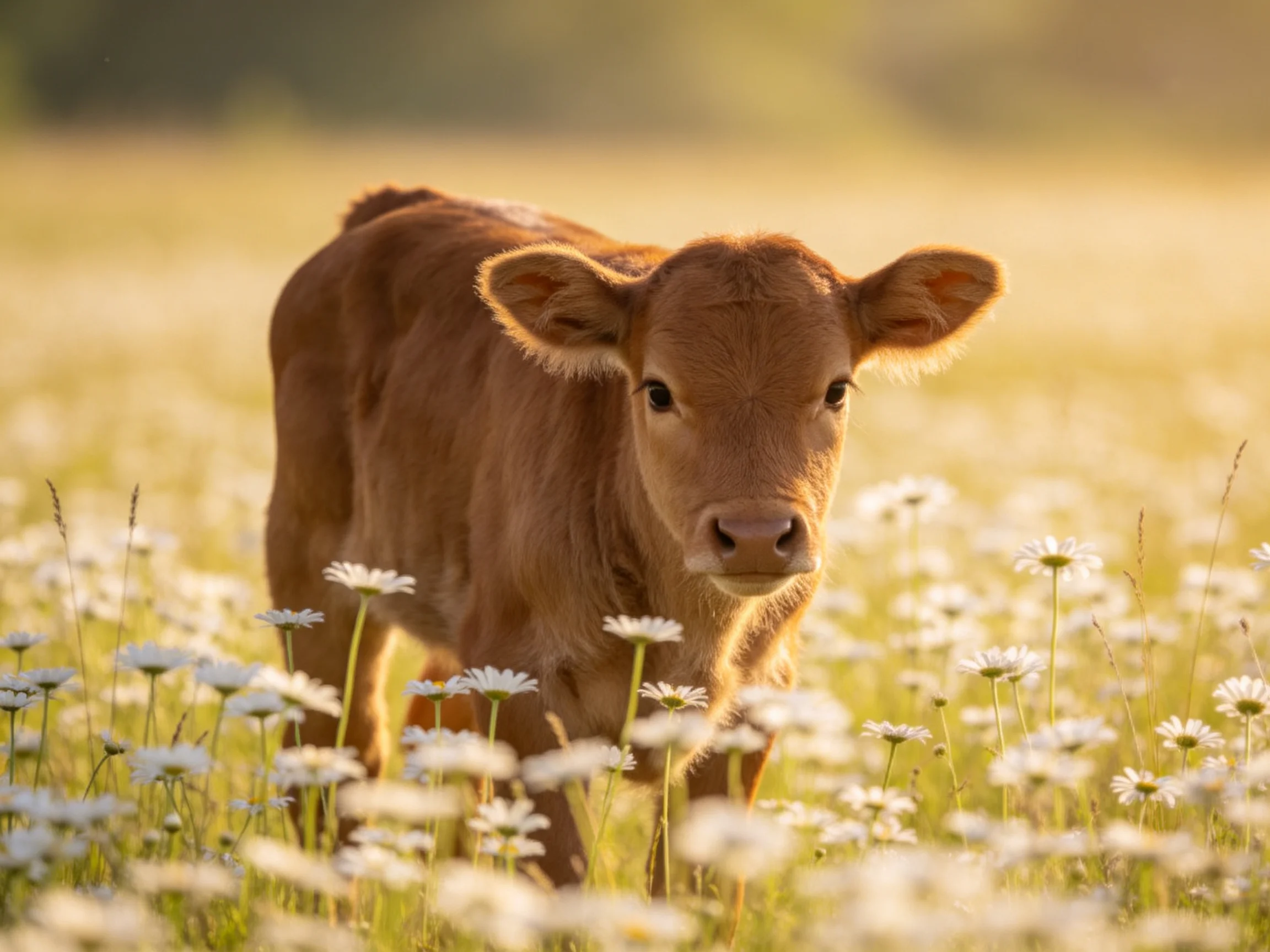A young brown calf stands amid many white daisies in a sunlit meadow