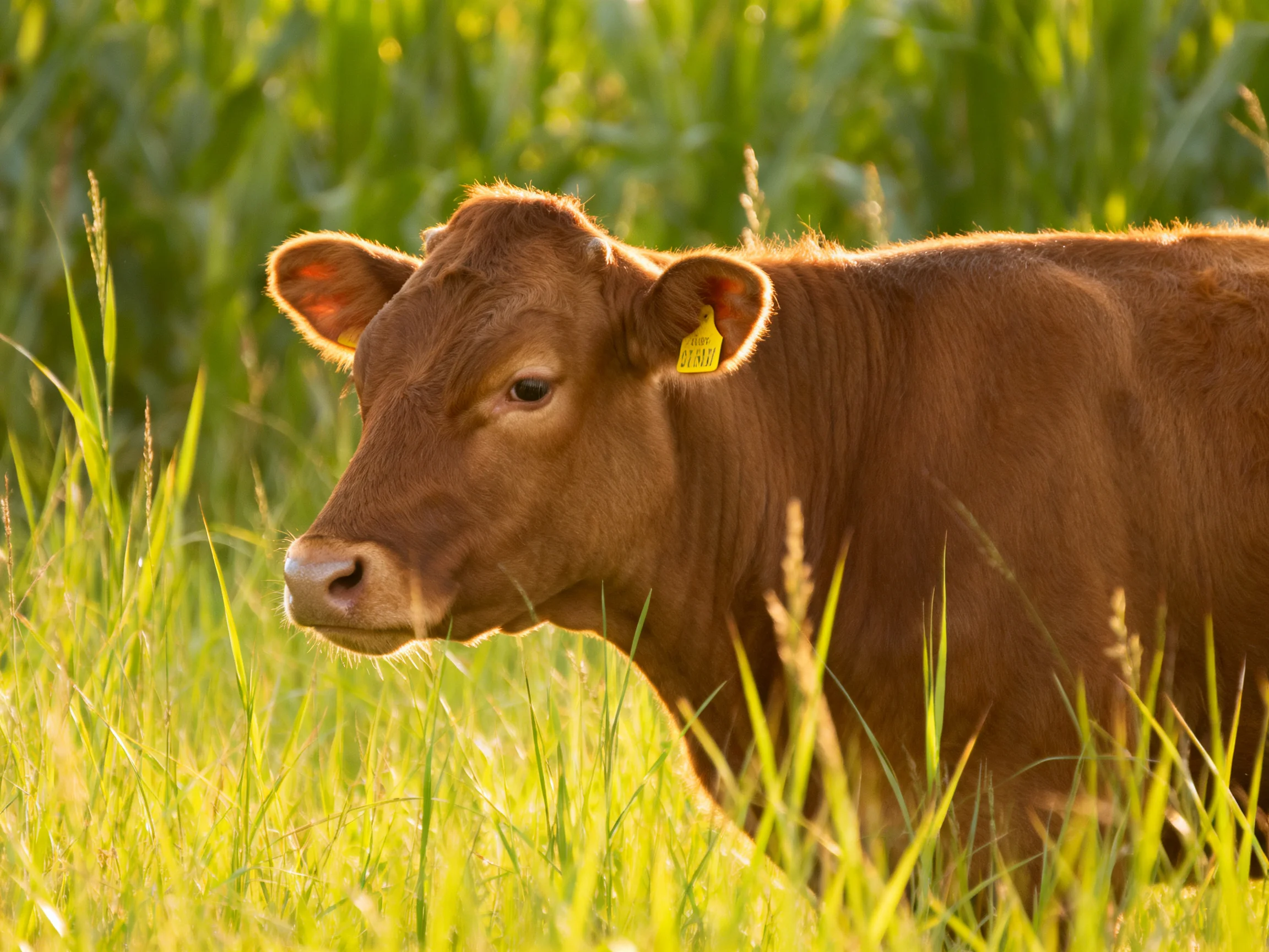 A young brown calf stands among tall golden-green grasses in a sun-drenched meadow.