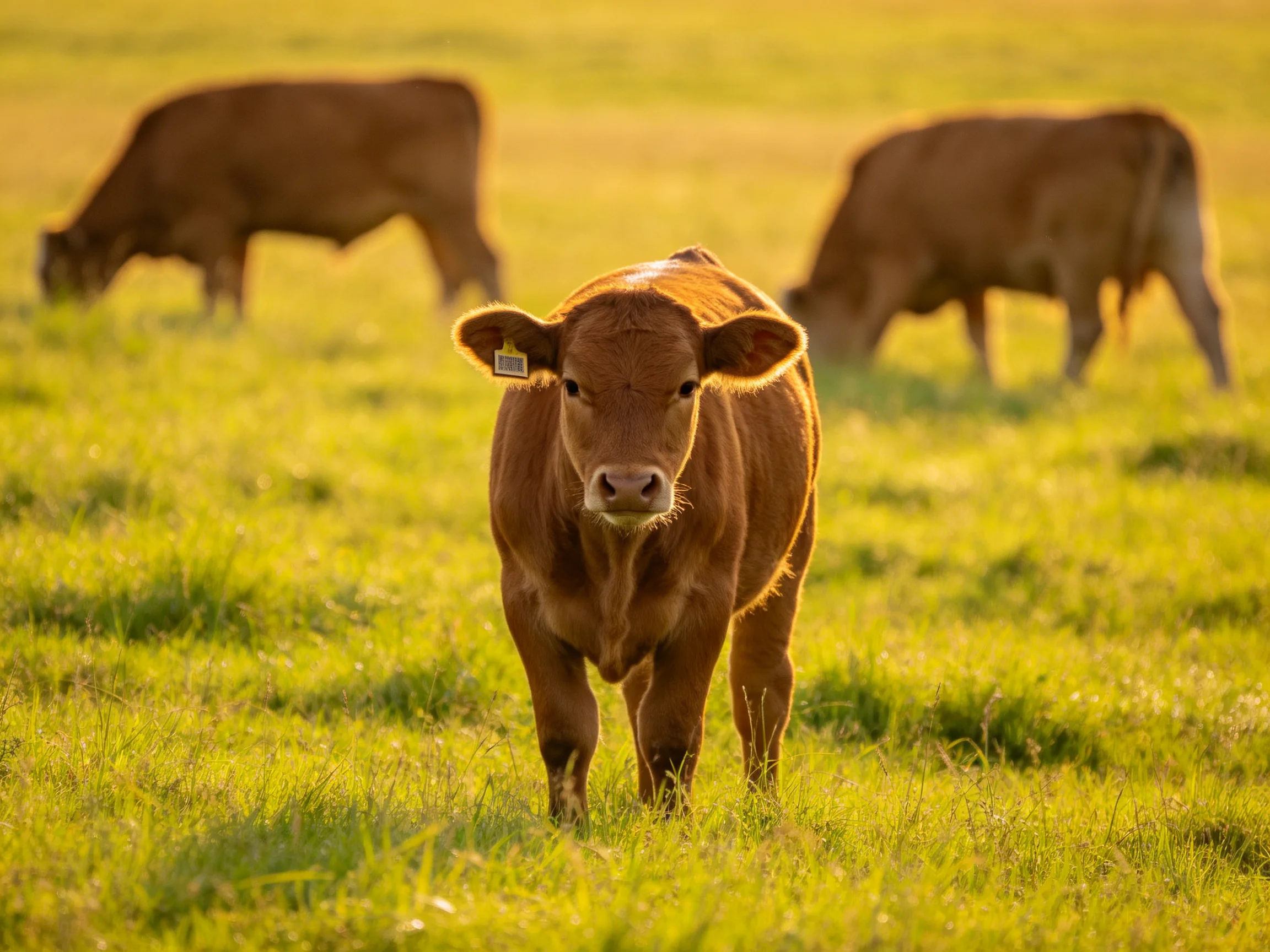 A young brown cow stands near two grazing cows in a sunlit meadow.