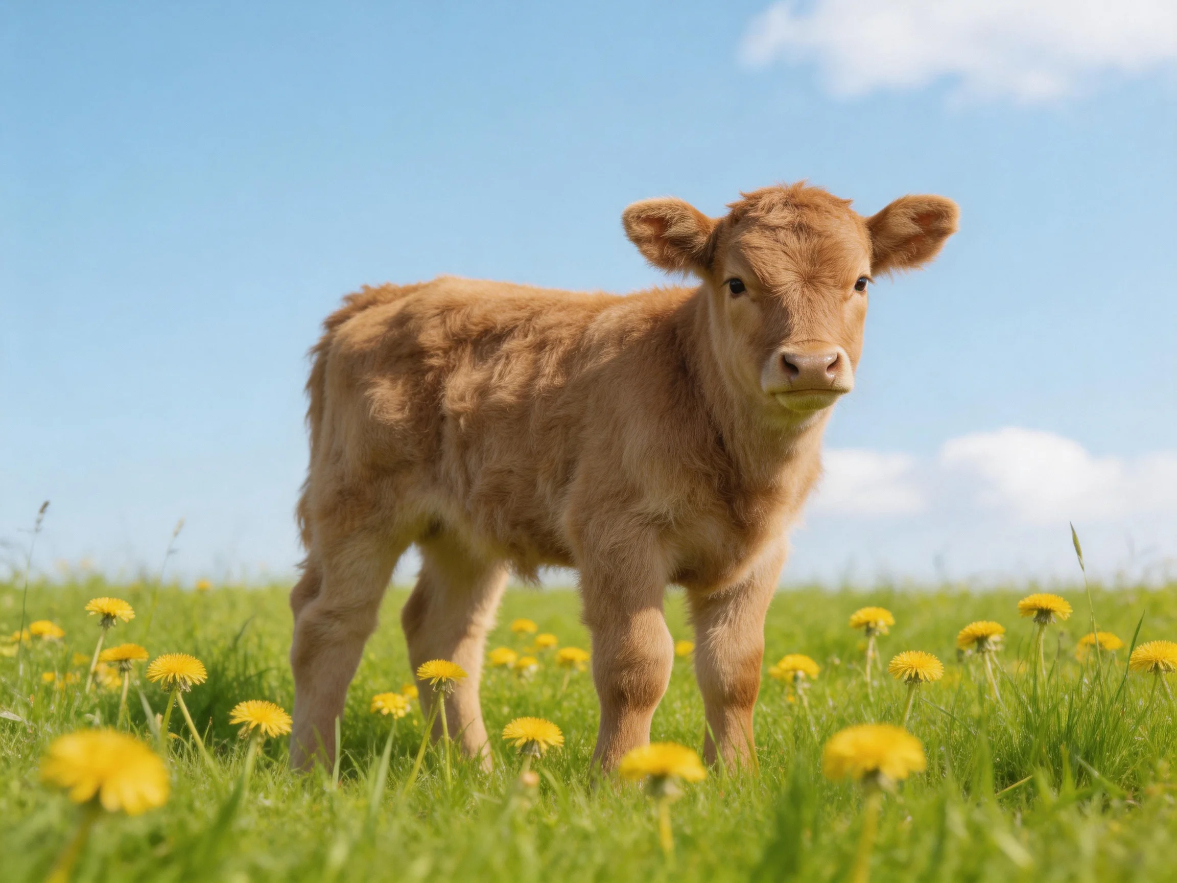 A young brown calf stands among yellow dandelions in a sunny meadow