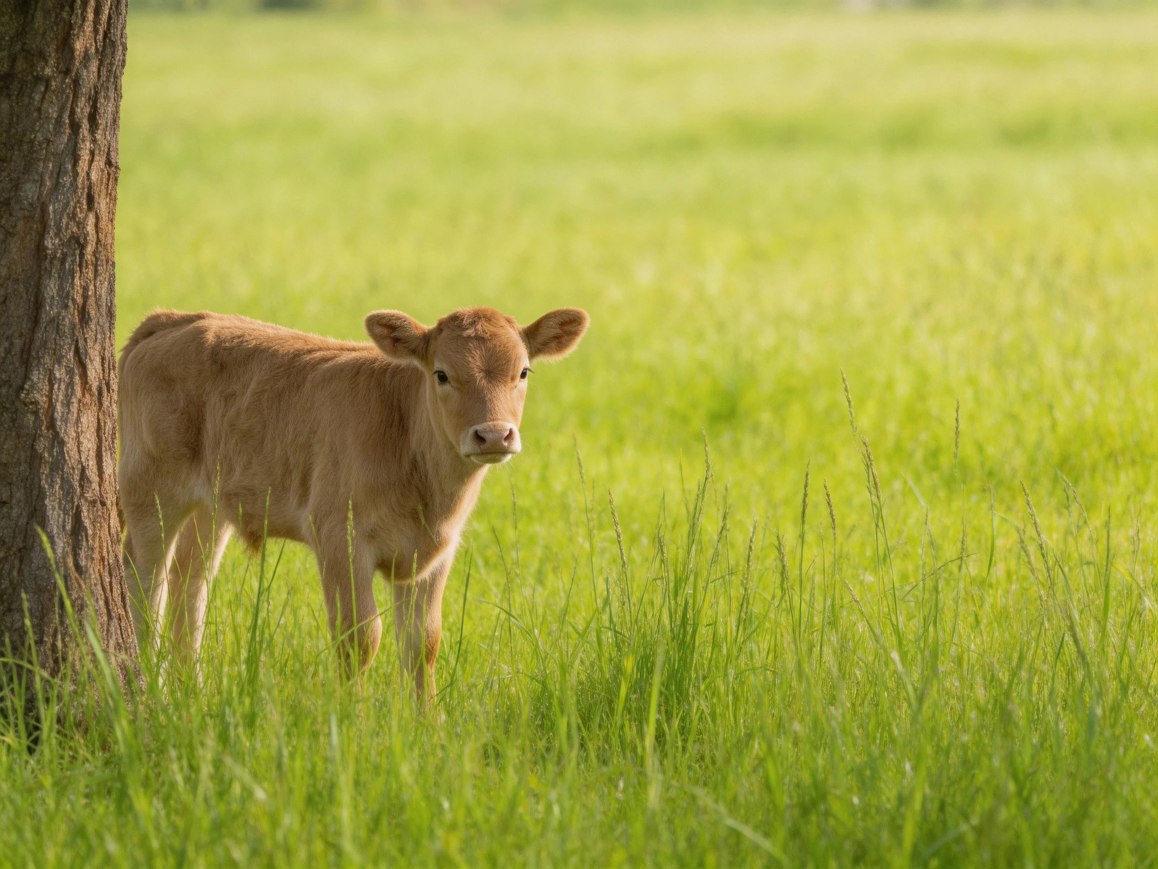A young brown calf stands beside a tree in a lush green meadow