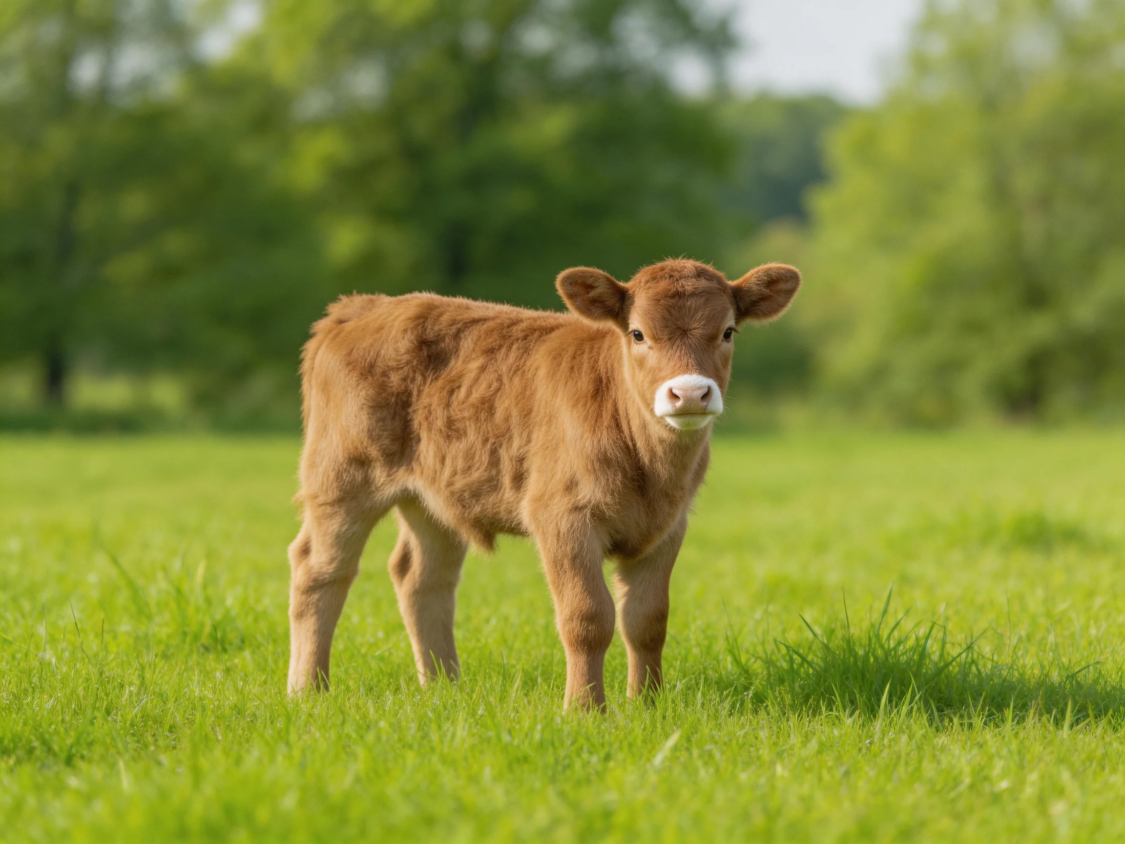 A young brown calf stands in a lush green meadow near trees