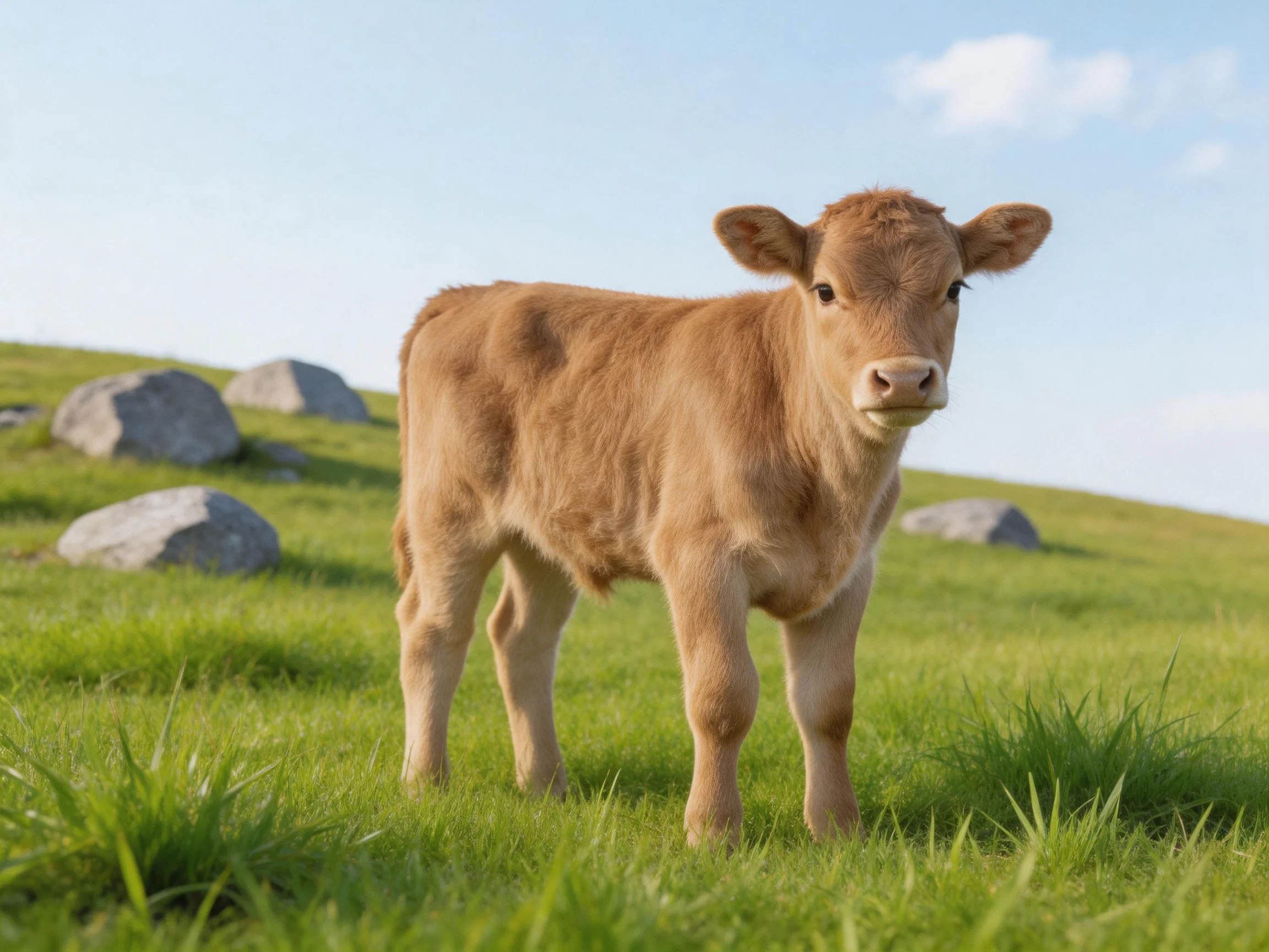 A young brown calf stands in a lush green meadow with scattered gray rocks