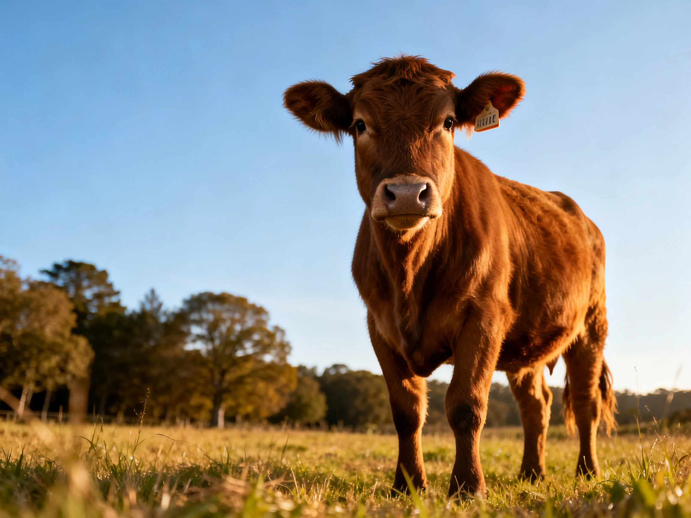A young brown calf stands in a sun-drenched pasture with distant trees