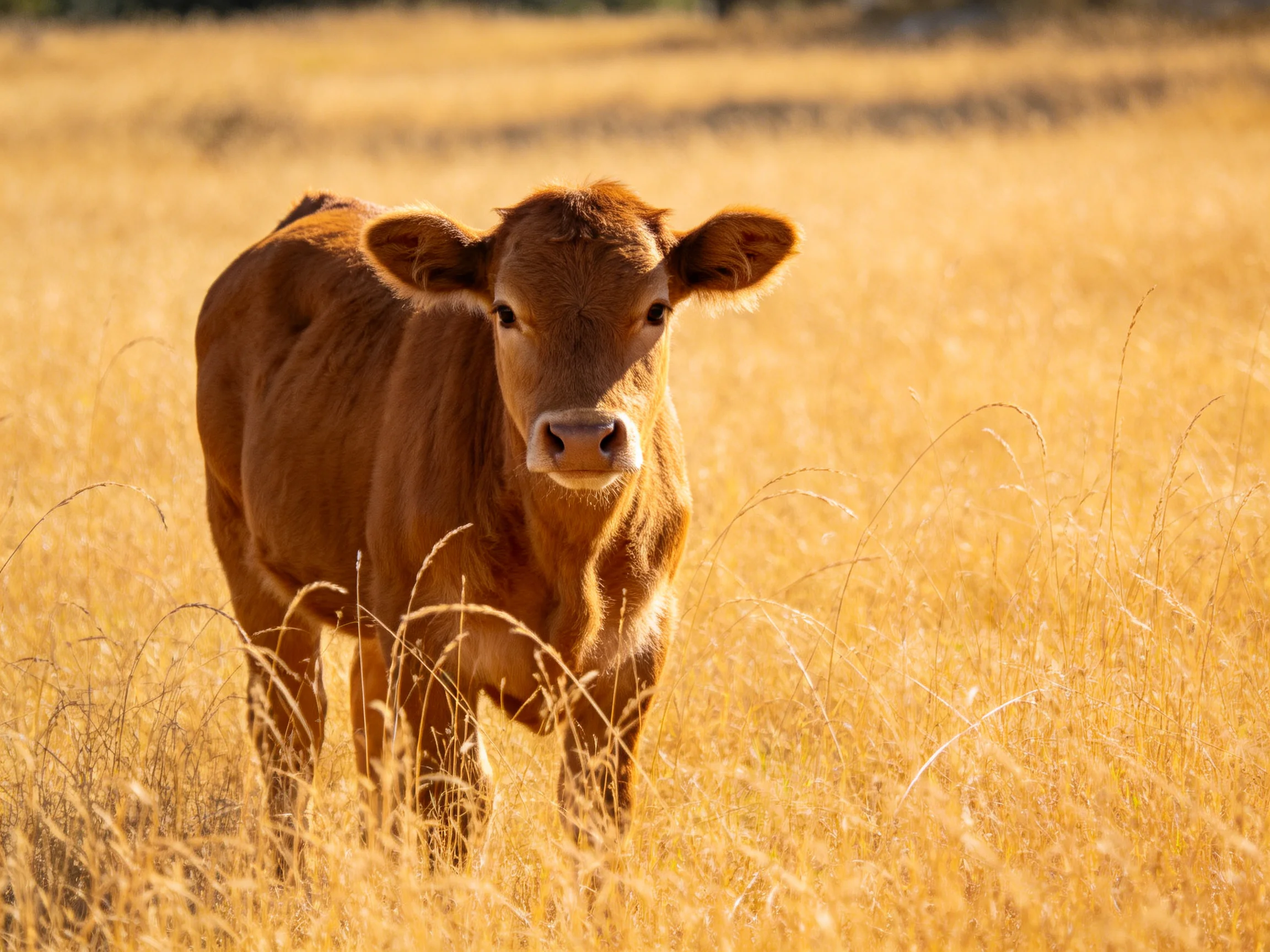 A young brown calf stands in a sunlit golden grassy field