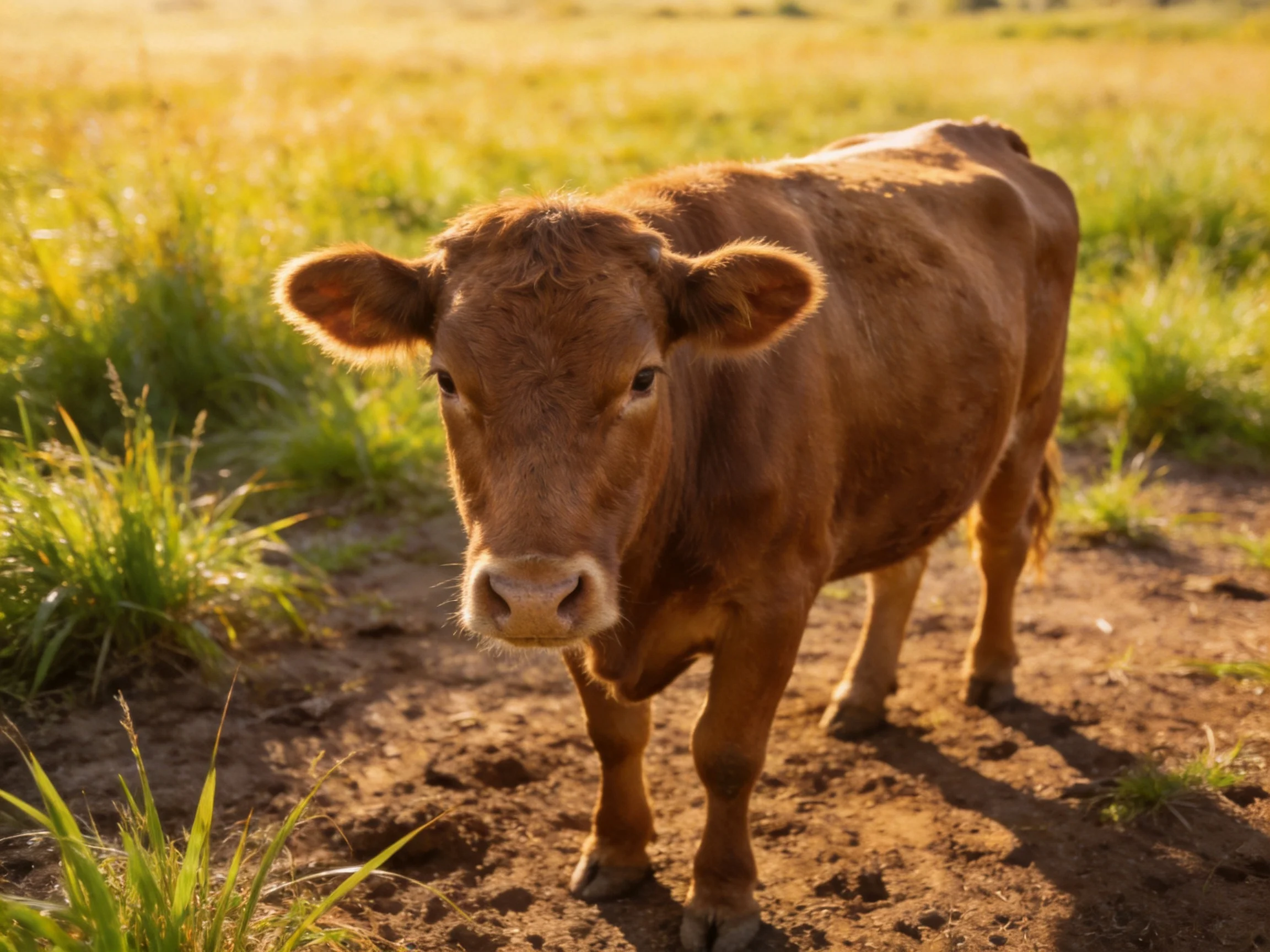 A young brown calf stands in a sunlit grassy pasture