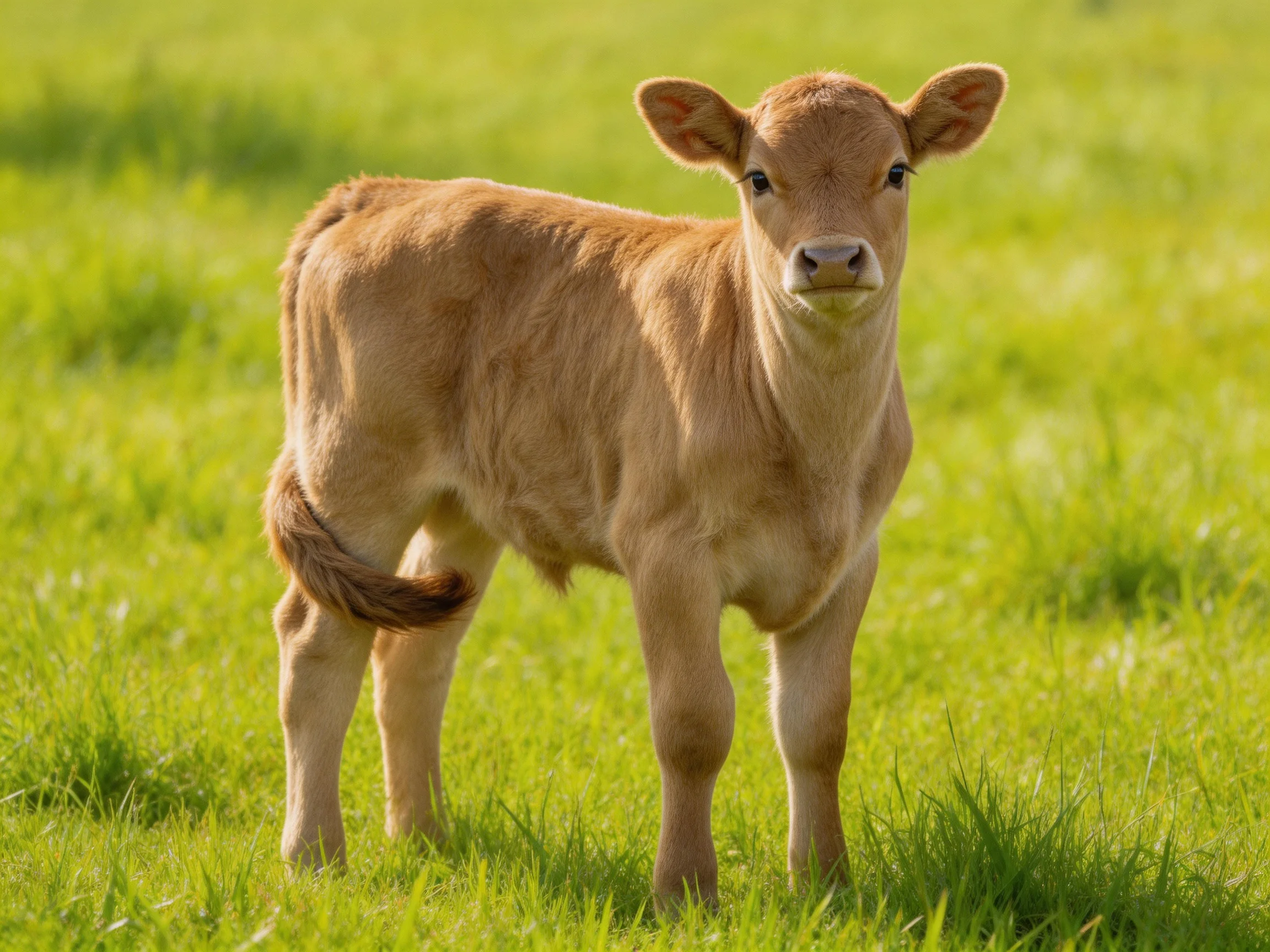 A young brown calf stands in a sunlit green me