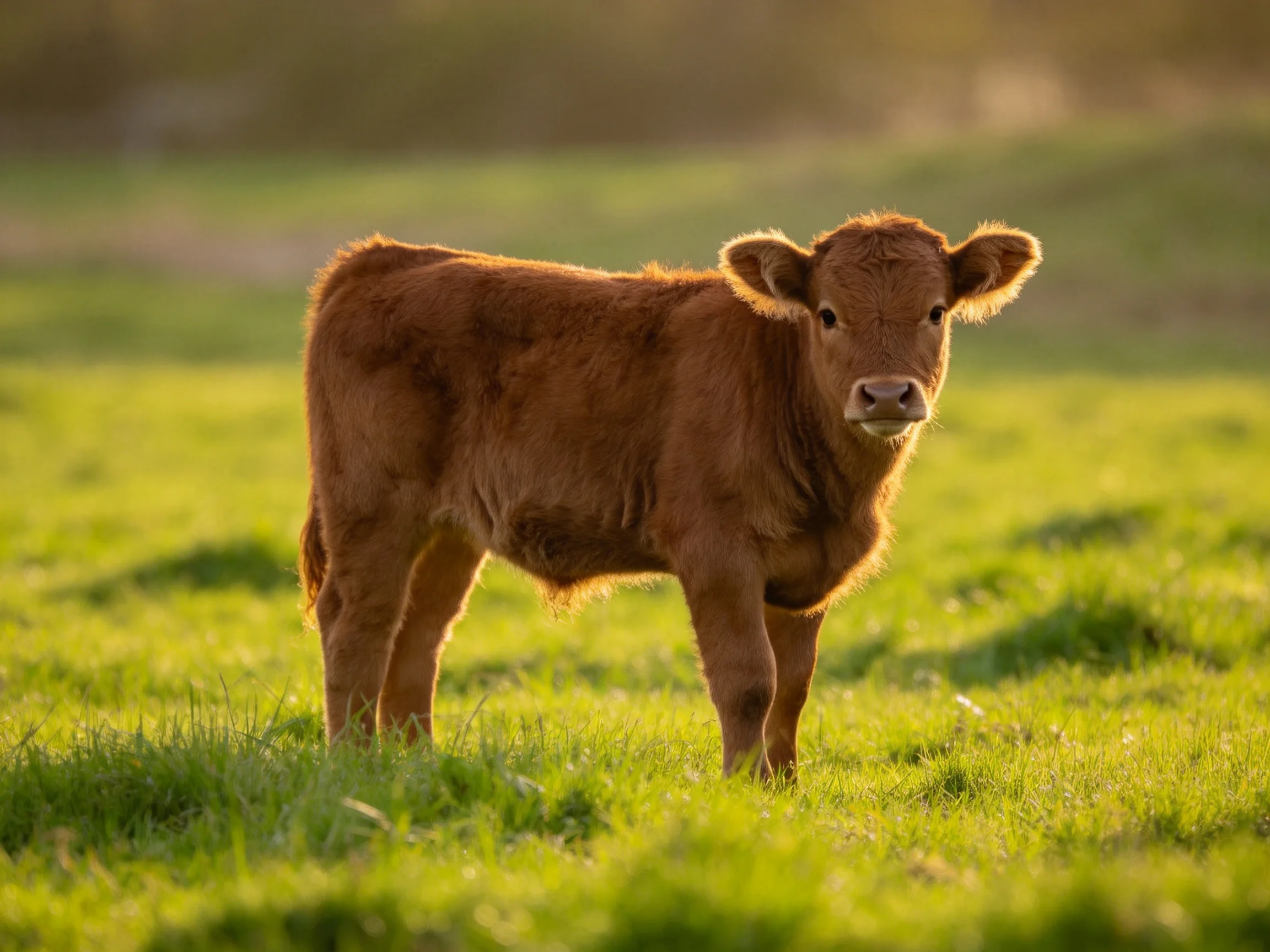 A young brown calf stands in a sunlit green meadow