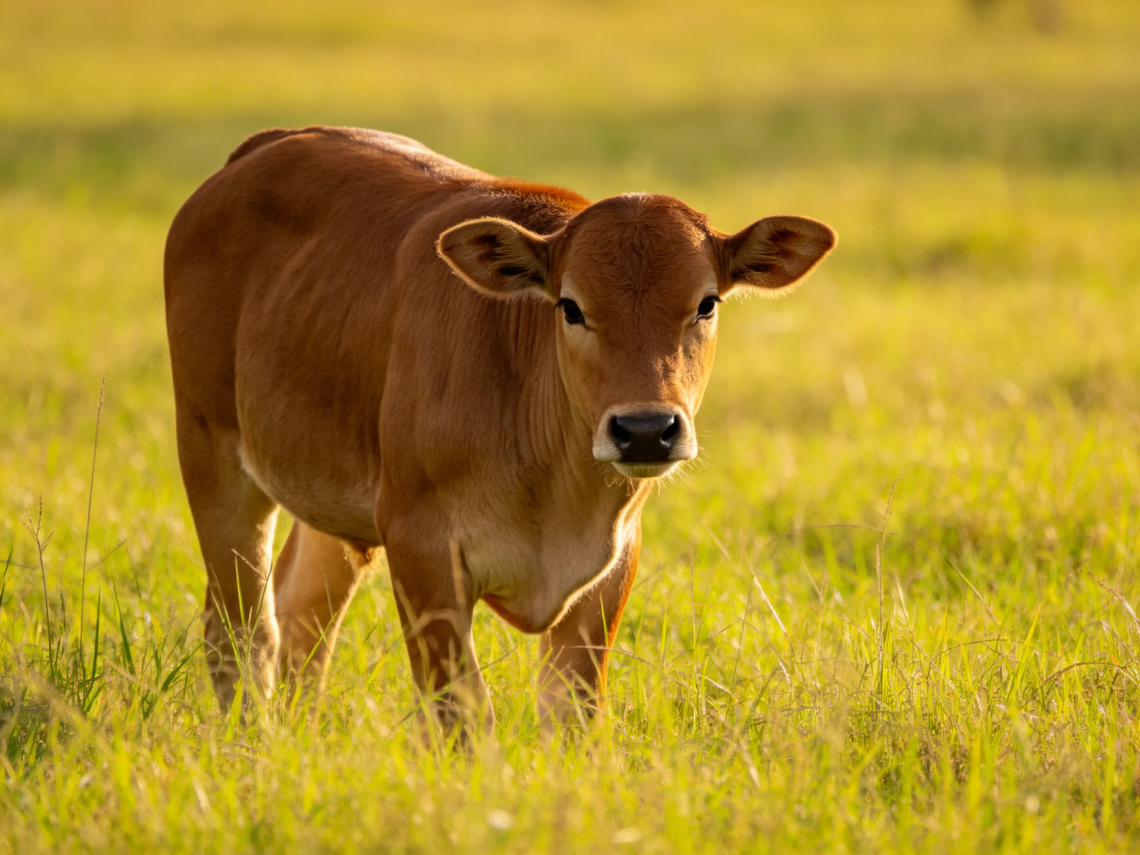 A young brown calf stands in a sunlit green meadow