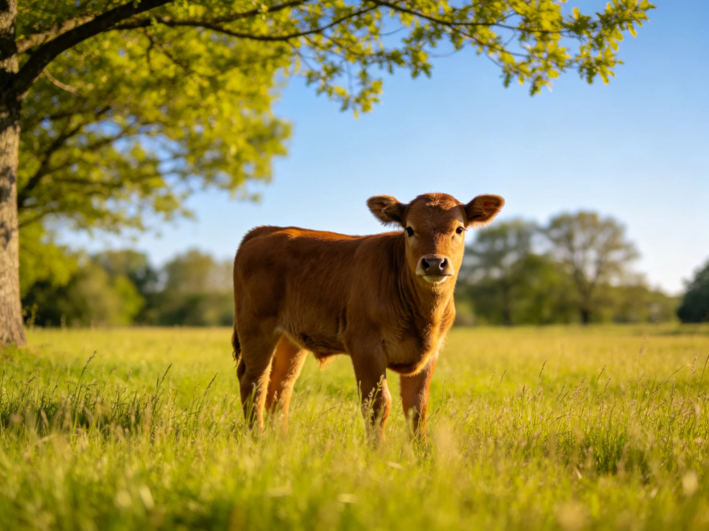 A young brown calf stands in a sunlit green meadow near a tree