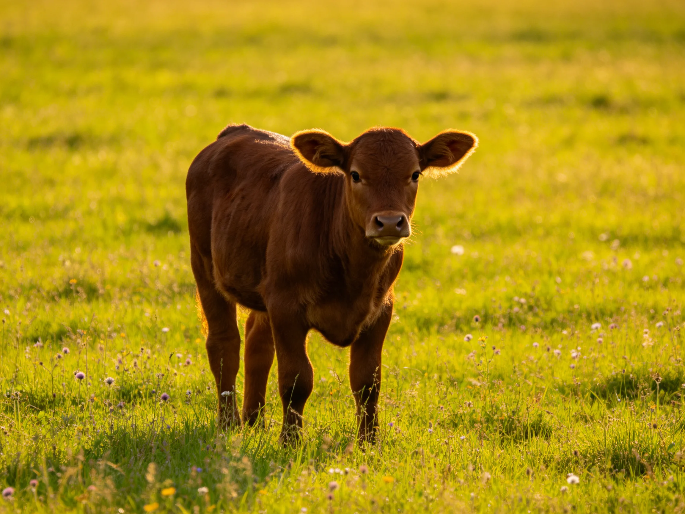 A young brown calf stands in a sunlit green meadow