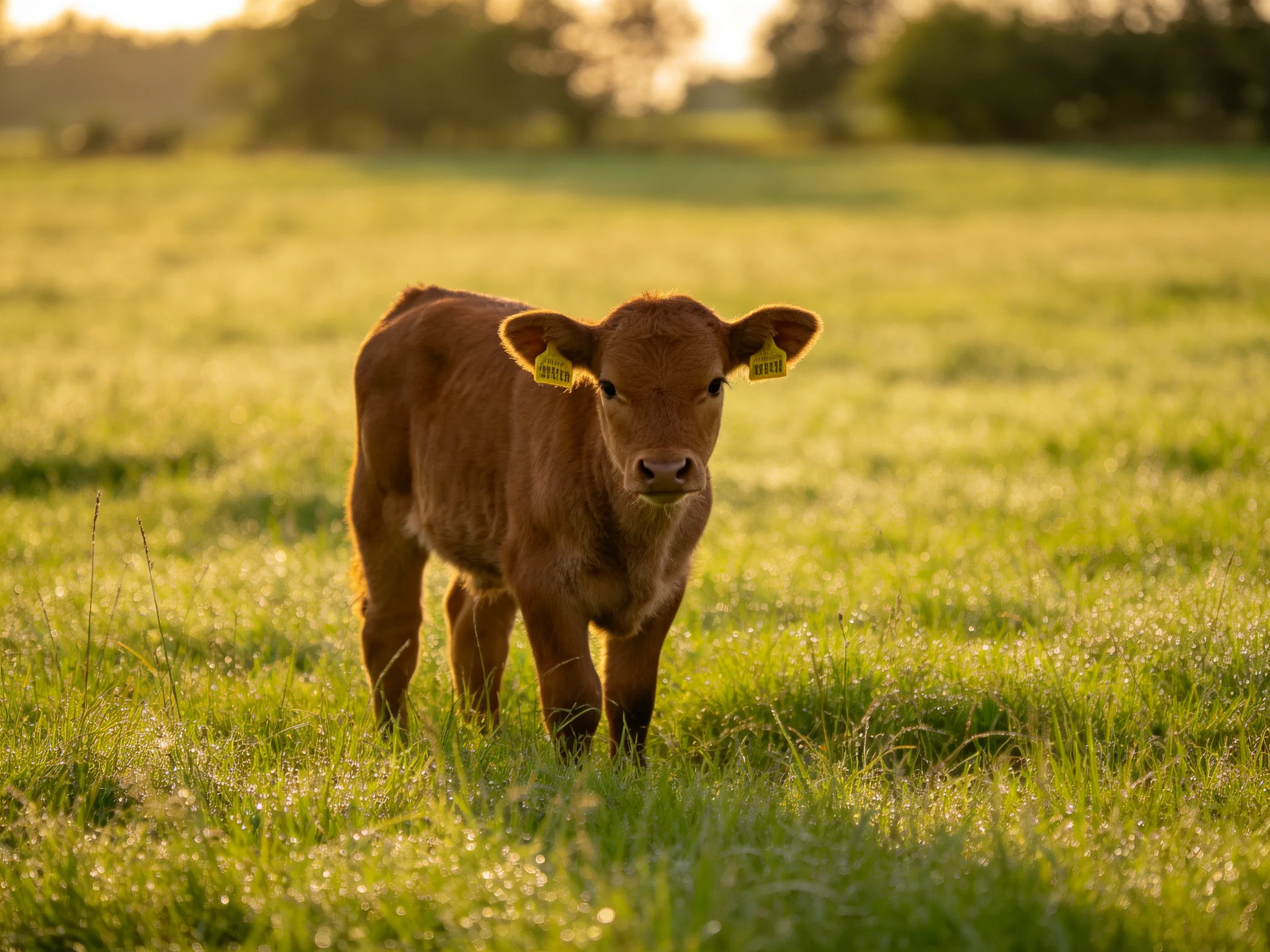 A young brown calf stands in a sunlit green meadow