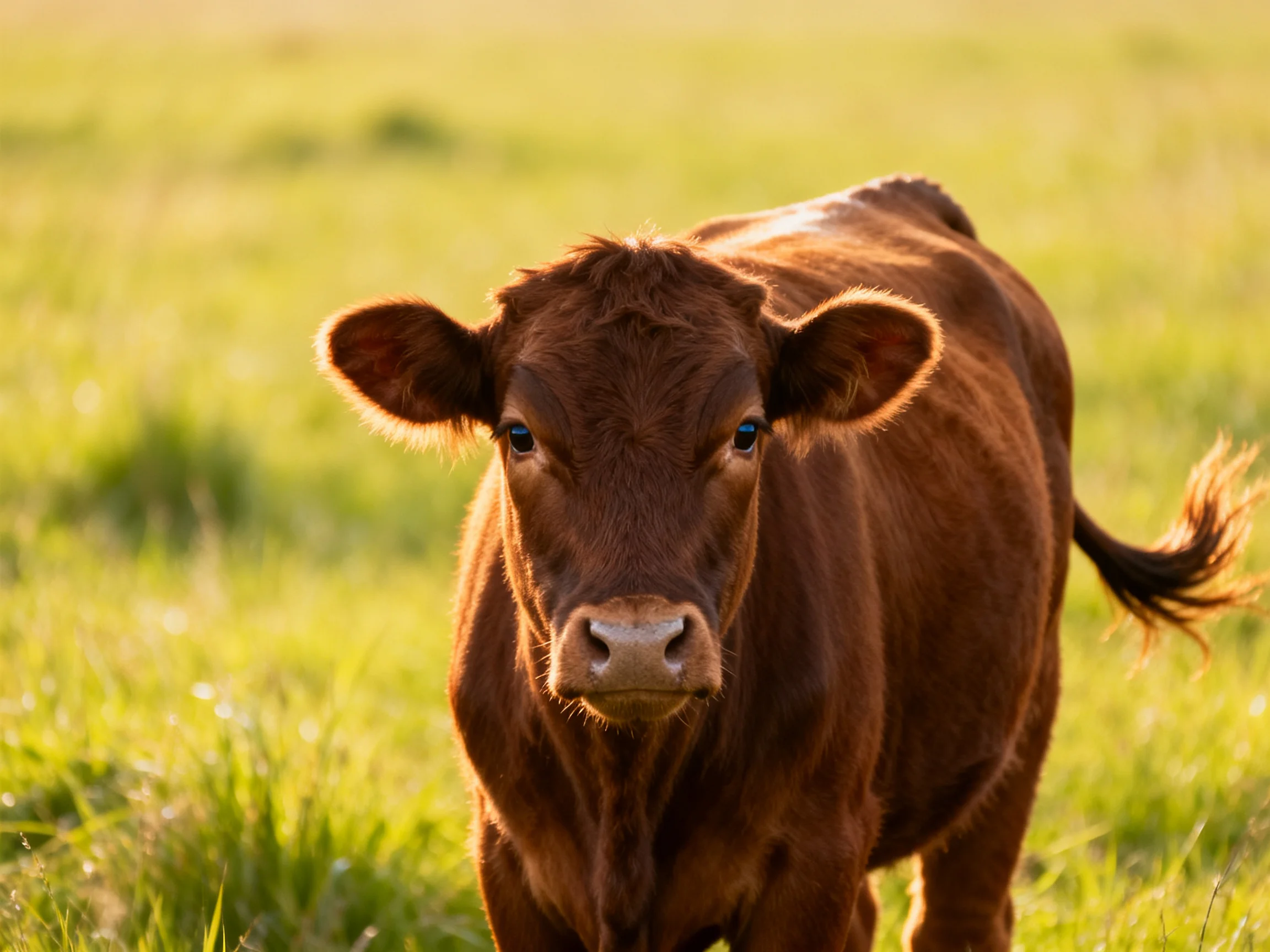 A young brown calf stands in a sunlit green pasture