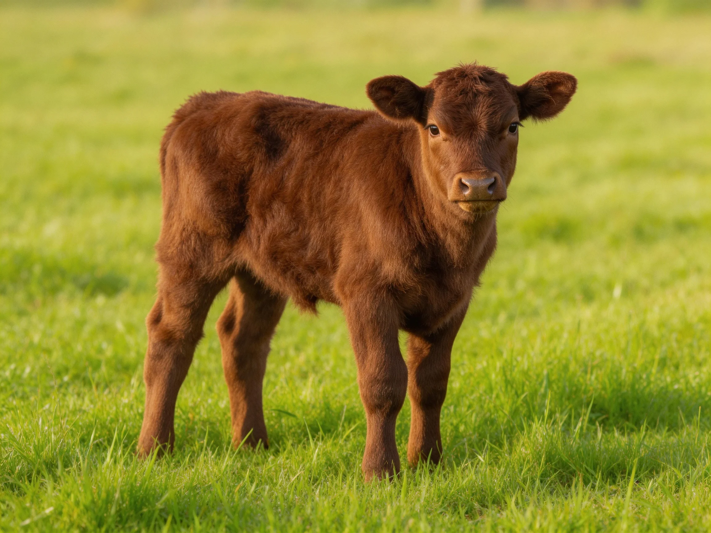 A young brown calf stands in a vibrant green meadow