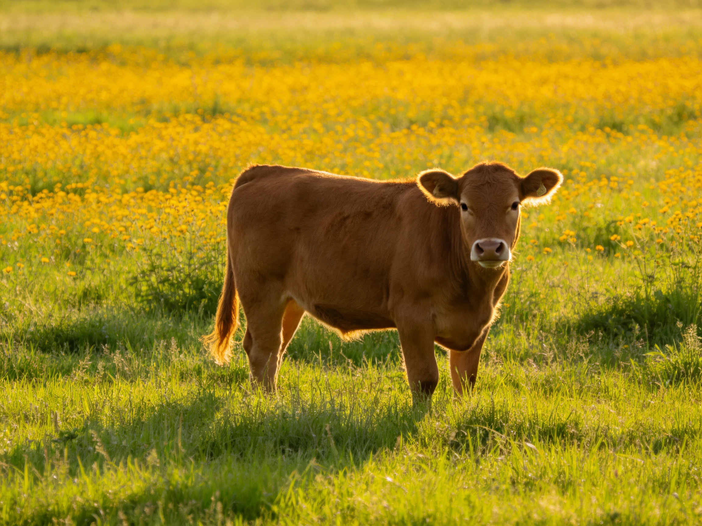 A young brown calf stands in a vibrant meadow of yellow wildflowers