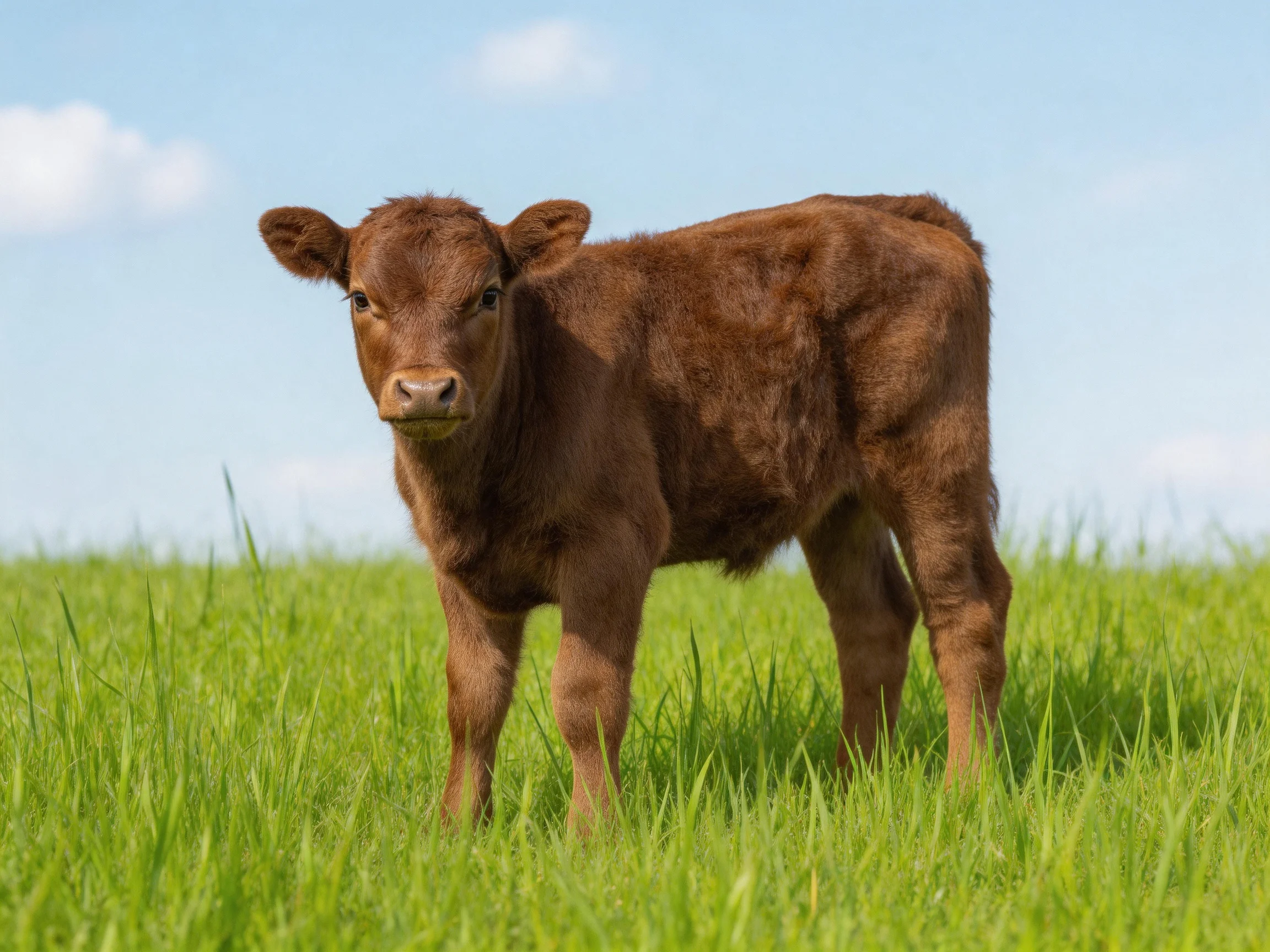A young brown calf stands in a grassy field under a clear blue sky.