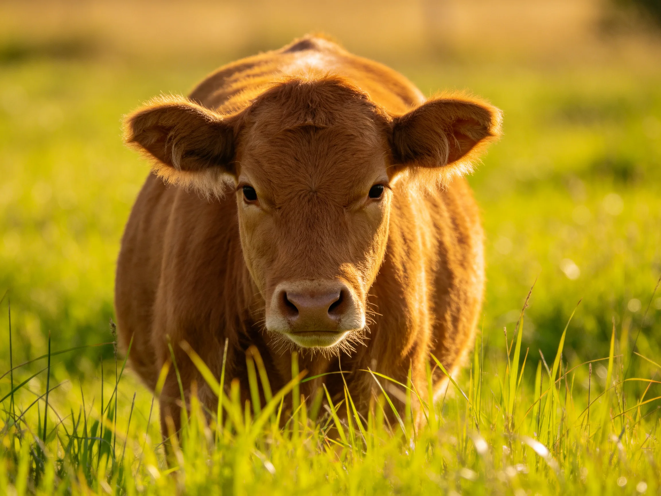 A young brown calf stands in lush green grass under warm sunlight