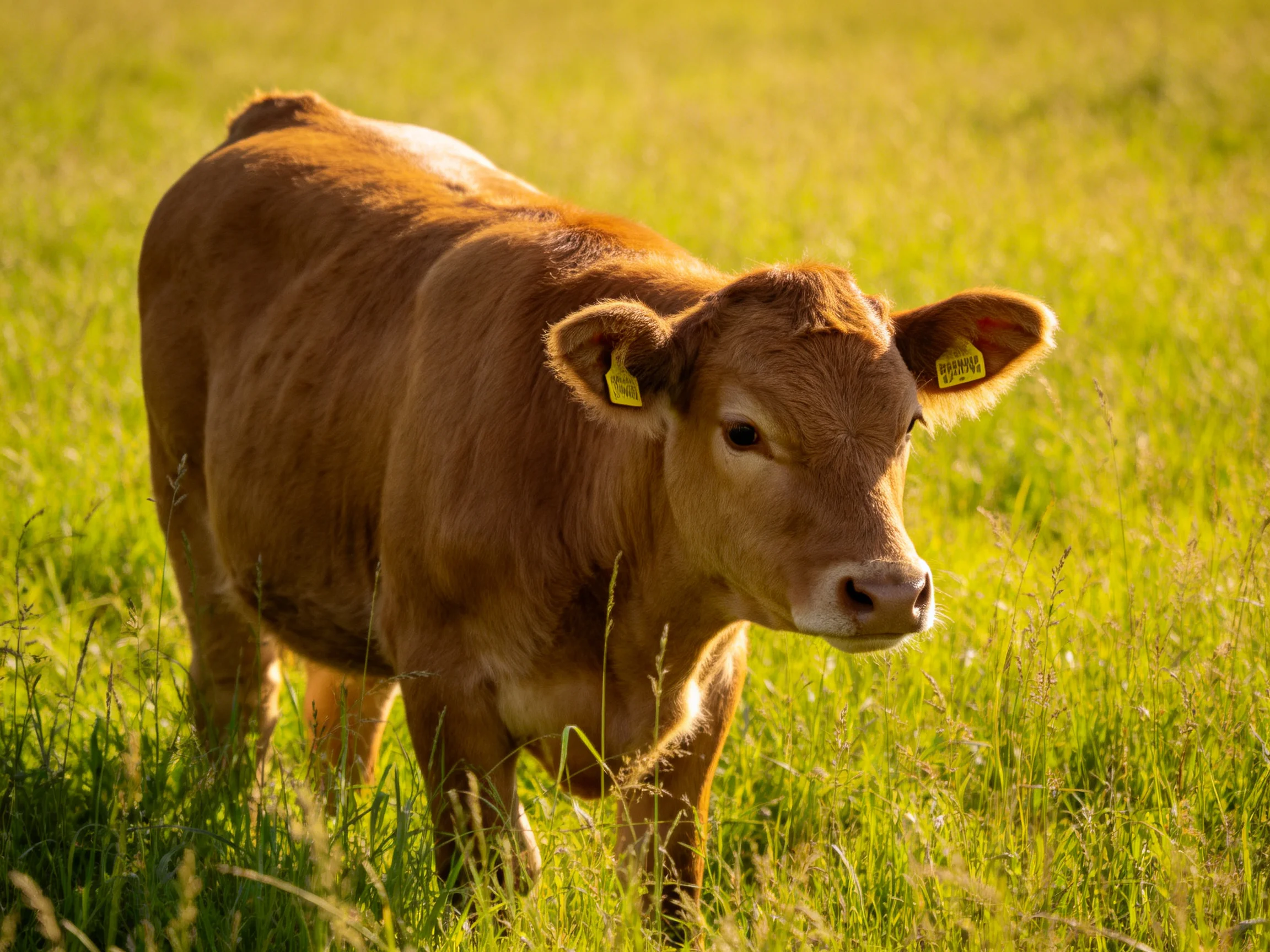 A young brown calf with ear tags stands in a sunlit green pasture.