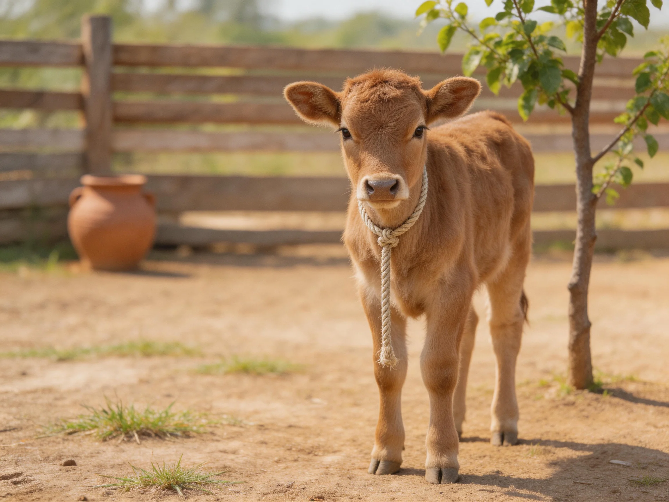 A young brown calf stands near a wooden fence with a clay pot