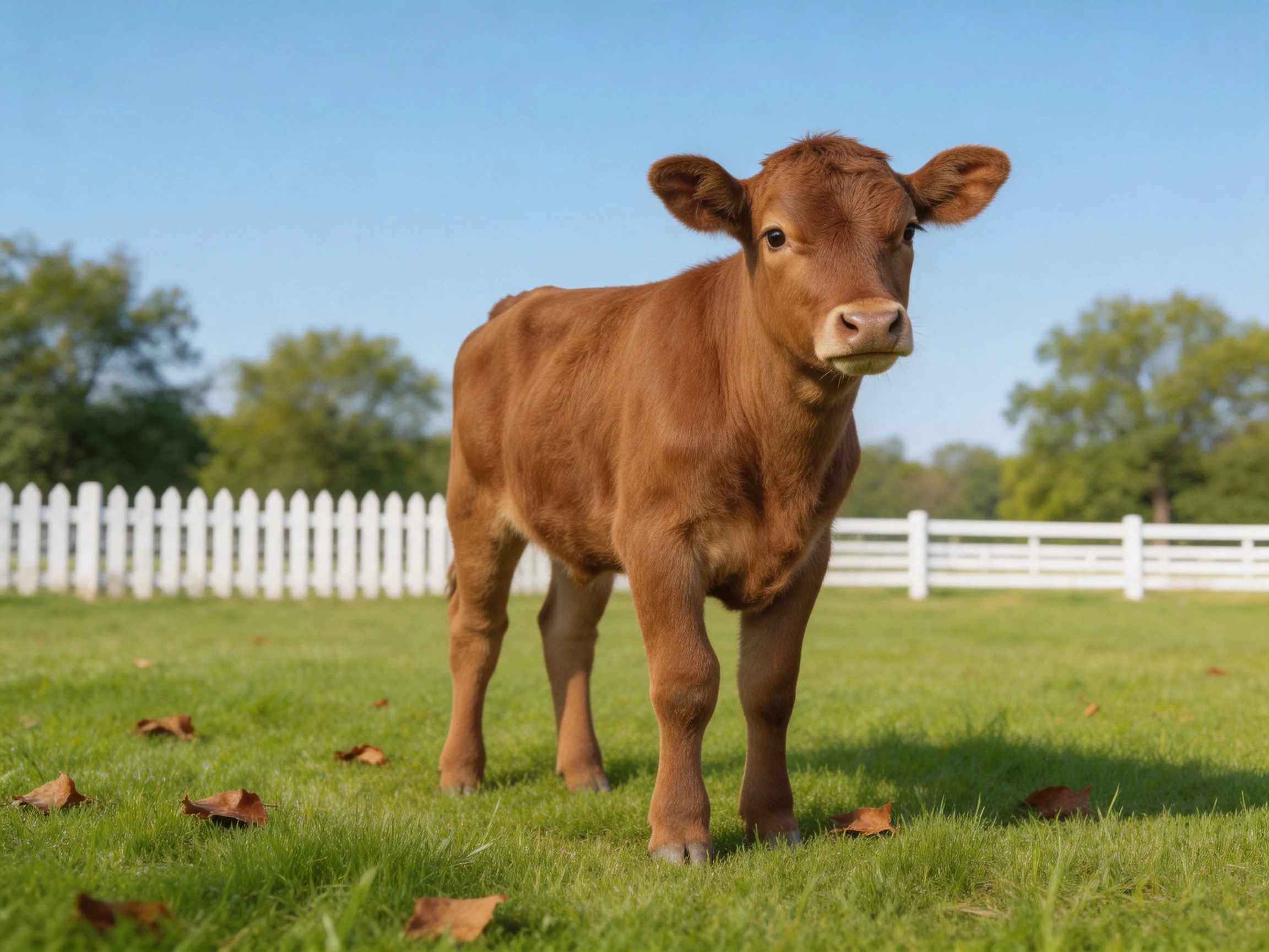 A young brown calf stands on grass beside a white fence with trees in the distance.