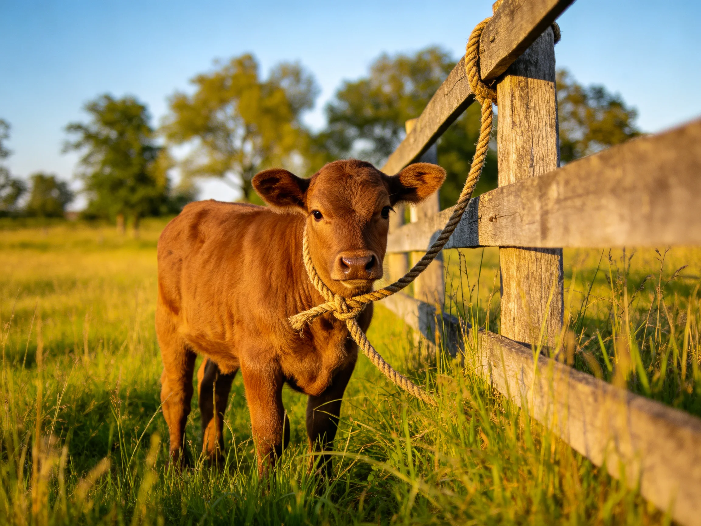 A young brown calf tied to an aged wooden fence in a sunlit meadow
