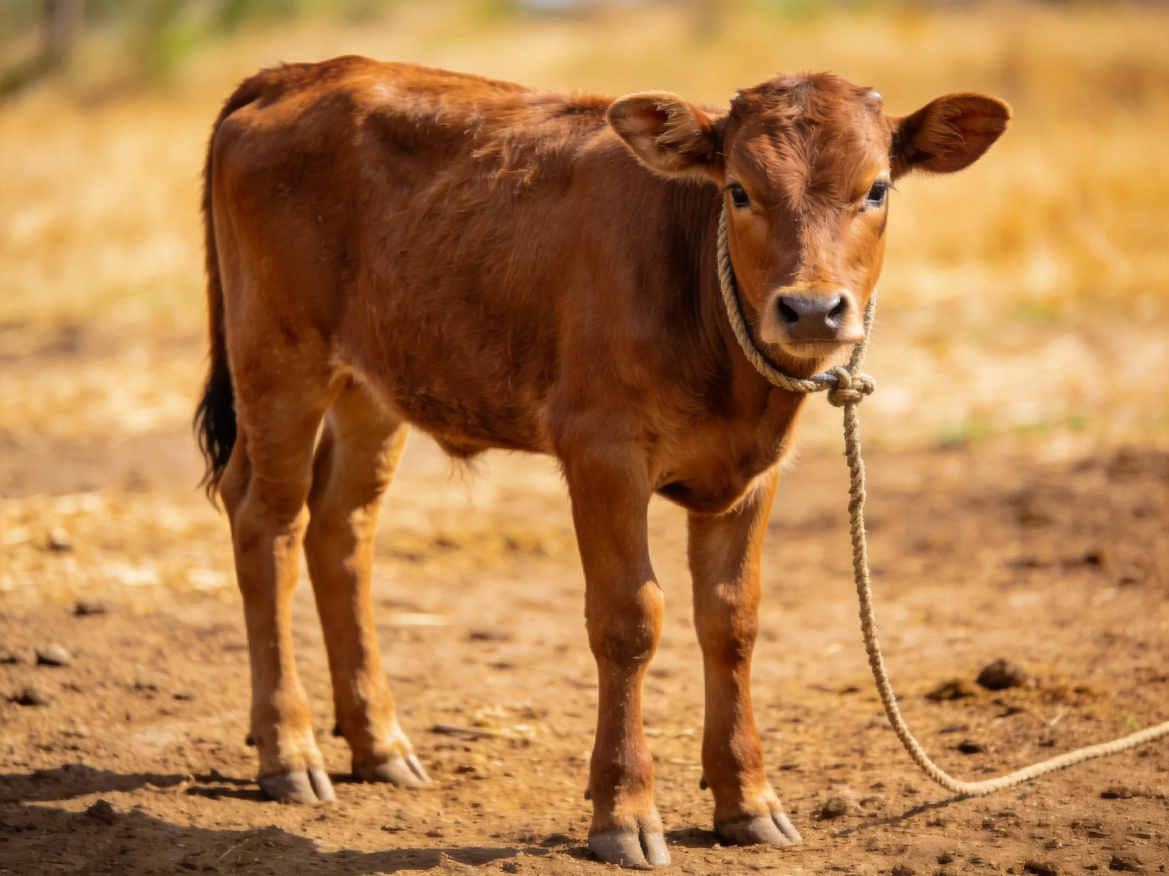 A young brown calf tied with a rope in a sunlit field