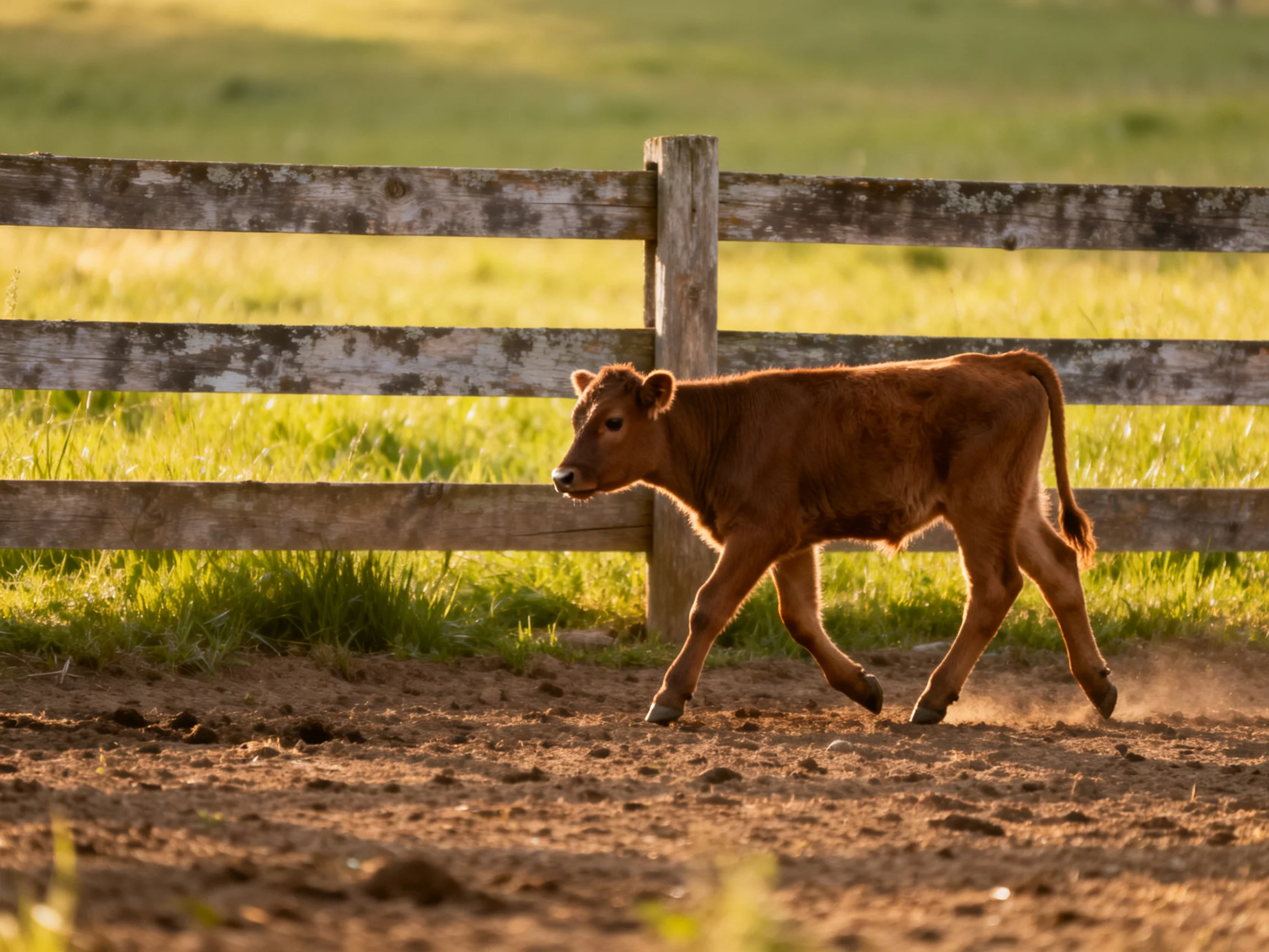 A young brown calf walks near an aged wooden fence in a sunlit pasture