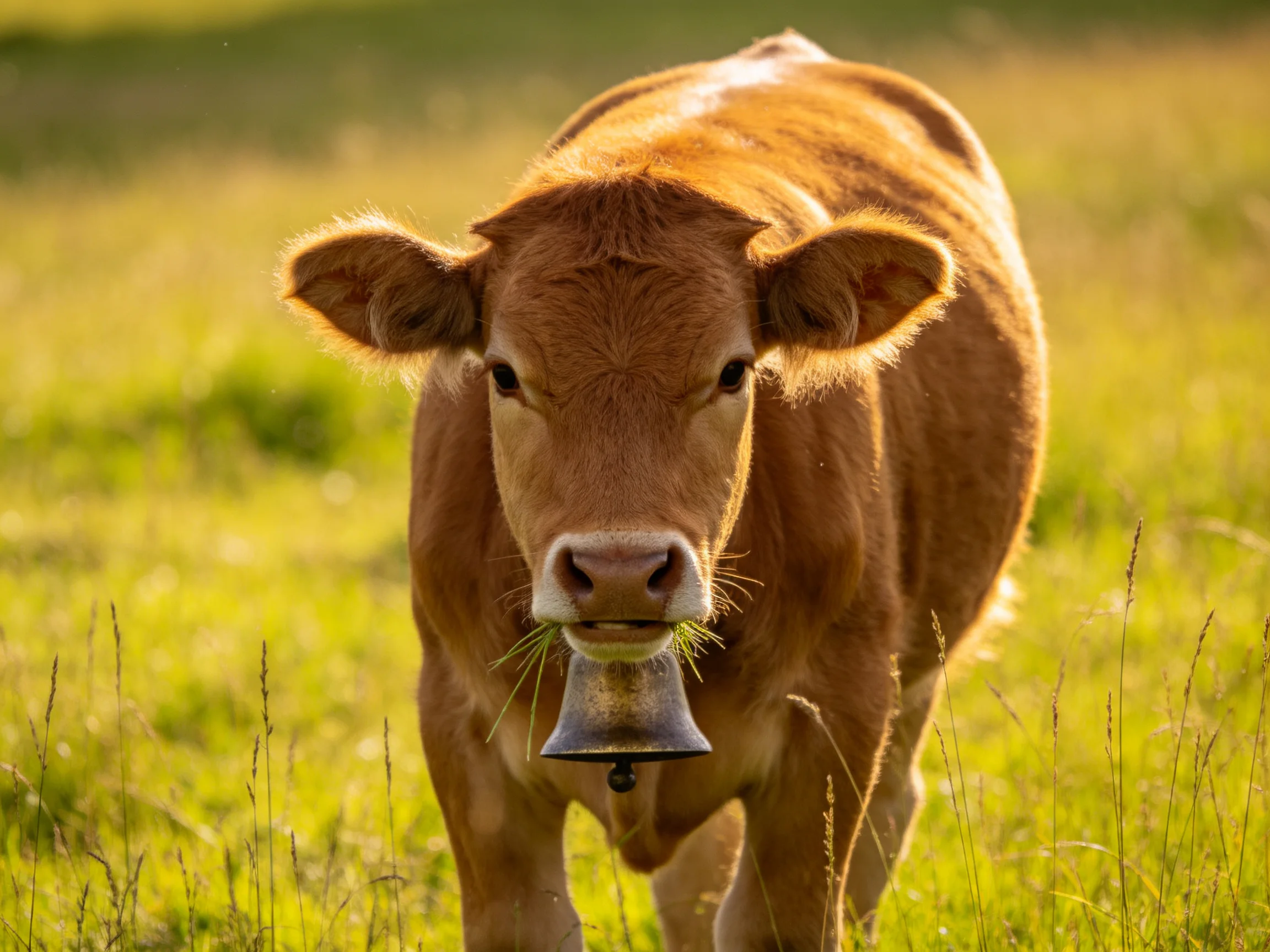 A young brown calf with a bell roams a sun-drenched green pasture