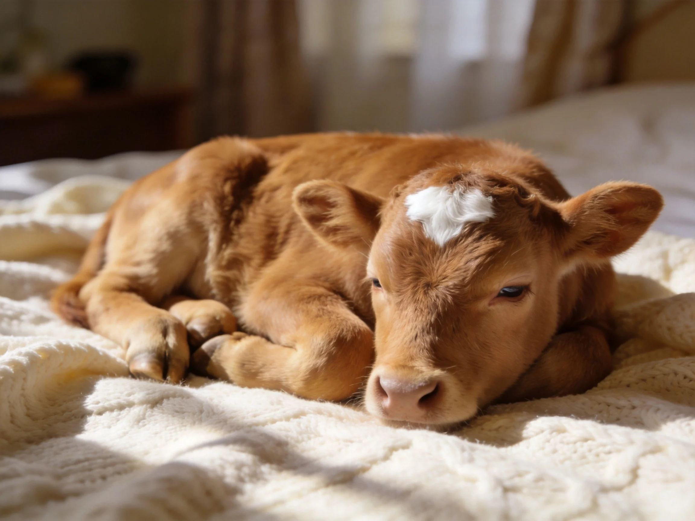 A young brown calf with white spot rests on a cream blanket