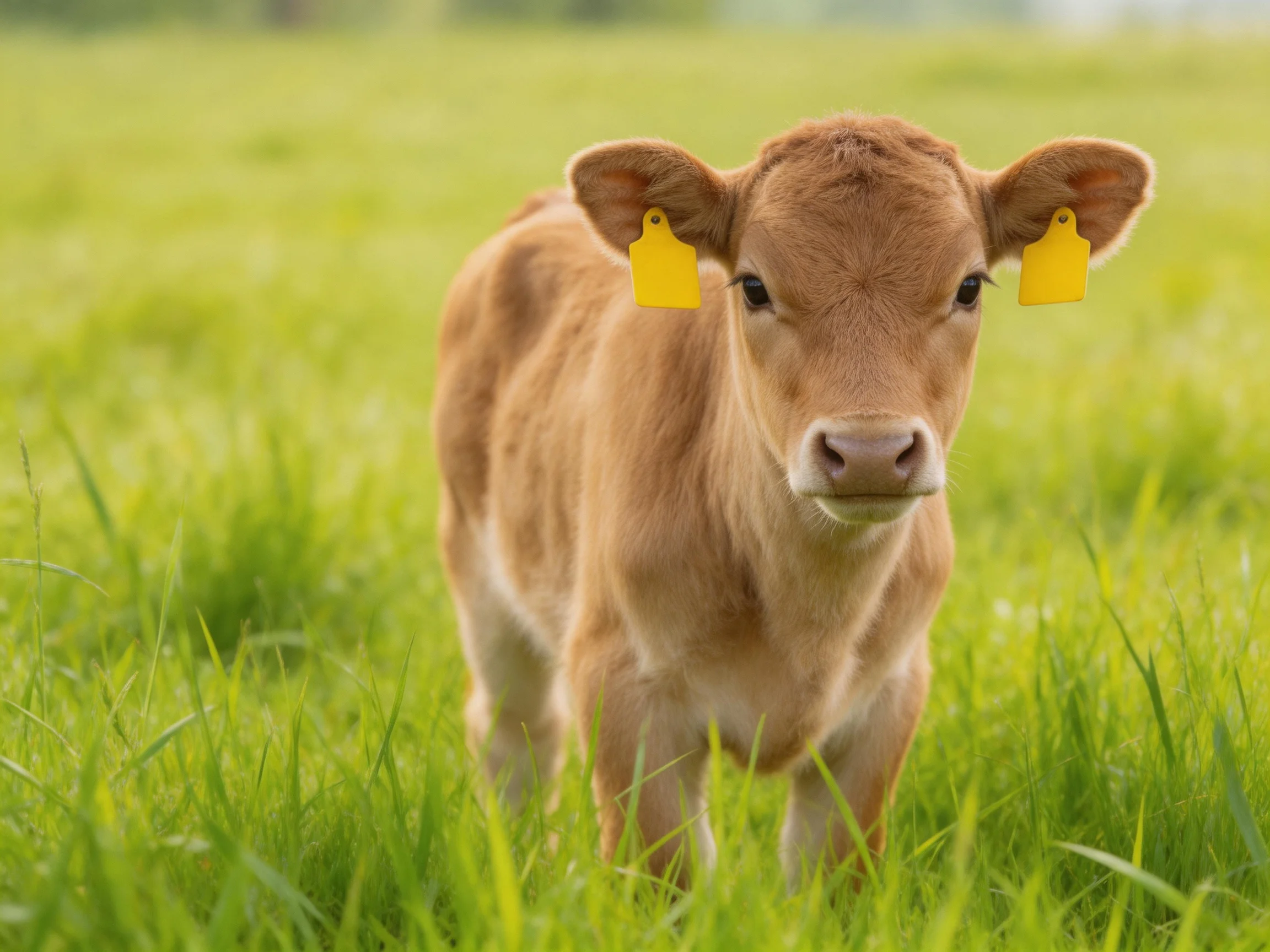 A young brown calf with yellow ear tags stands in a sunlit meadow