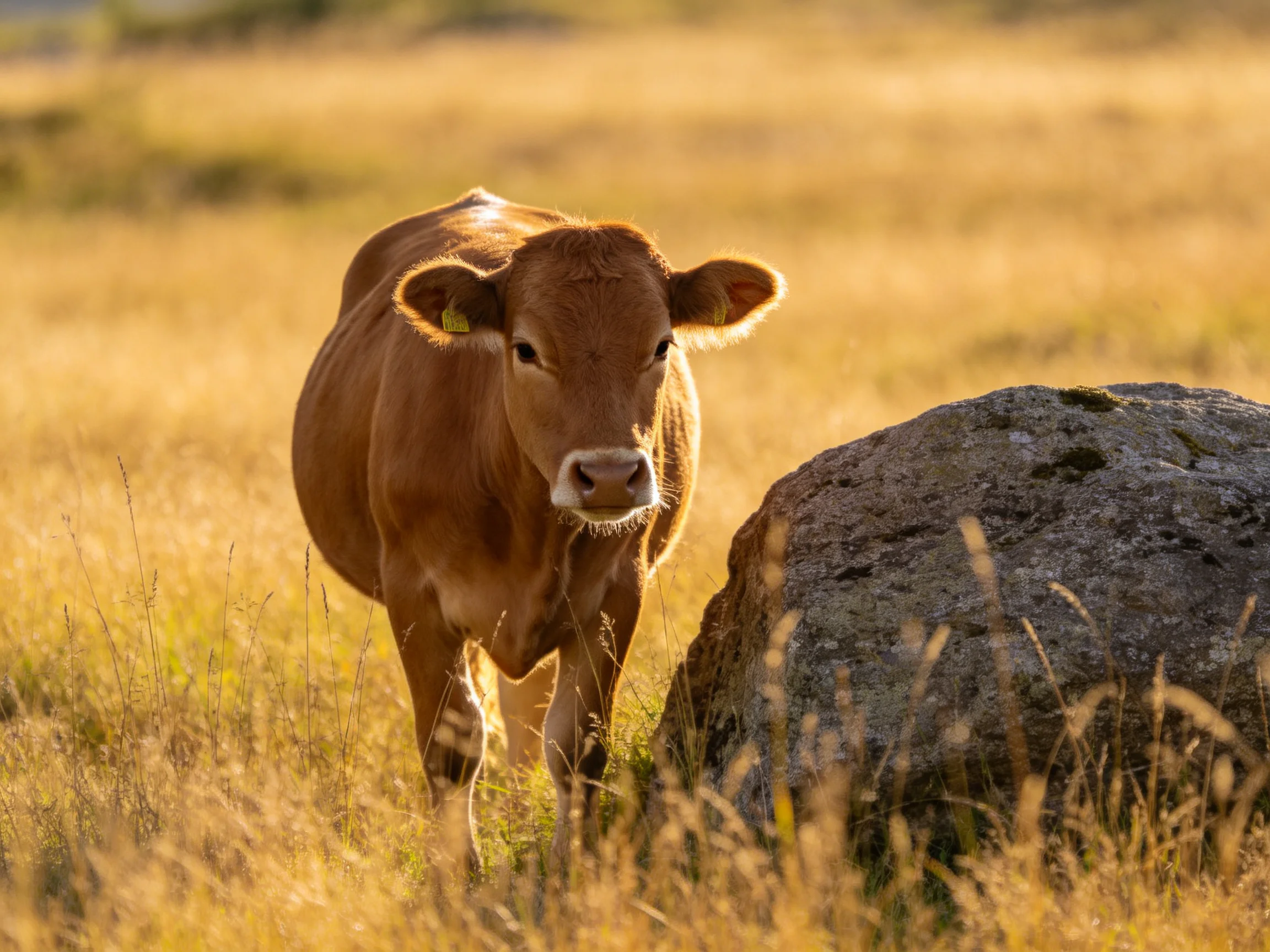 A young brown cow approaches a large gray rock amid golden grass