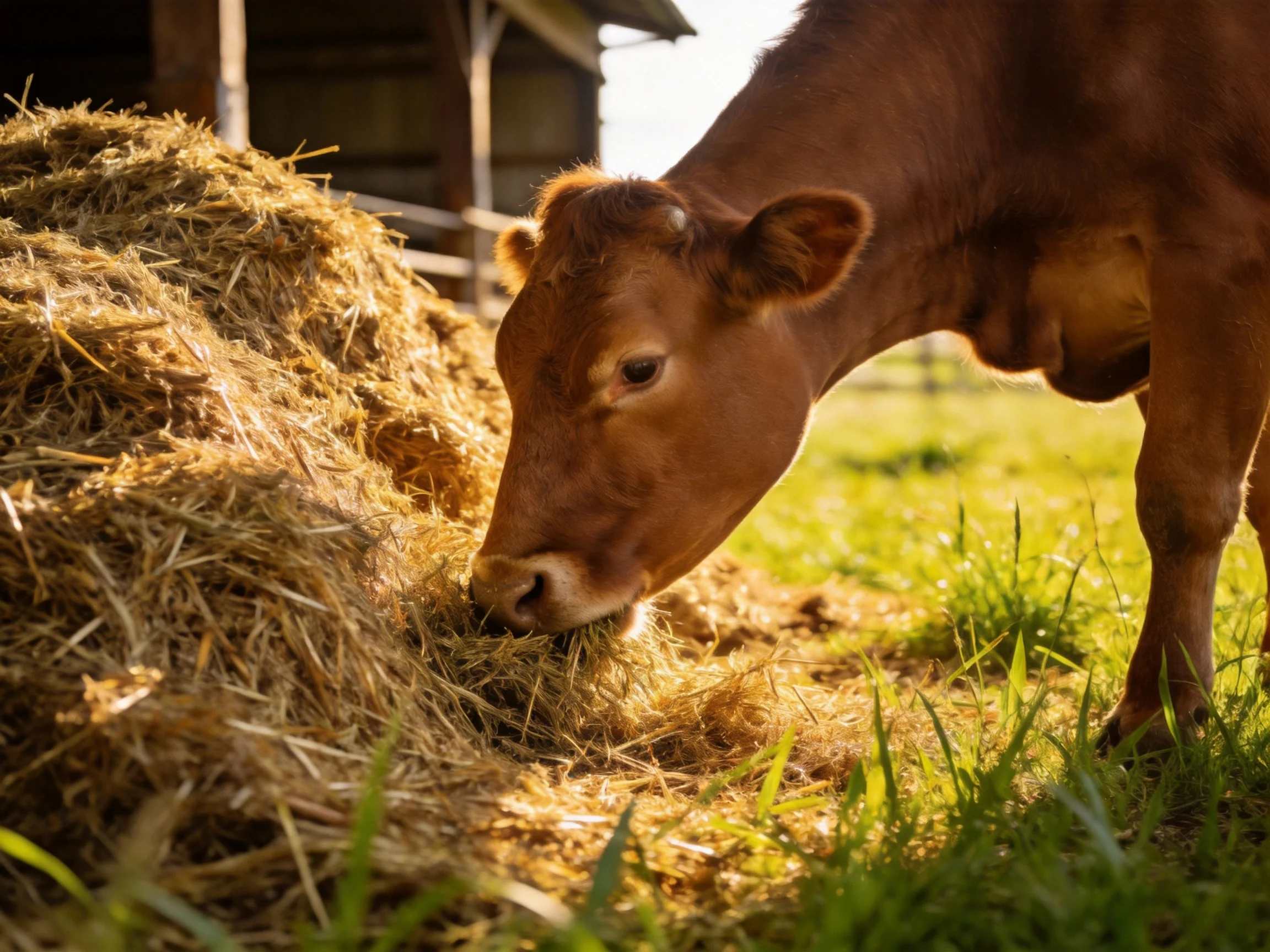 A young brown cow feeding from a large golden hay pile near a barn