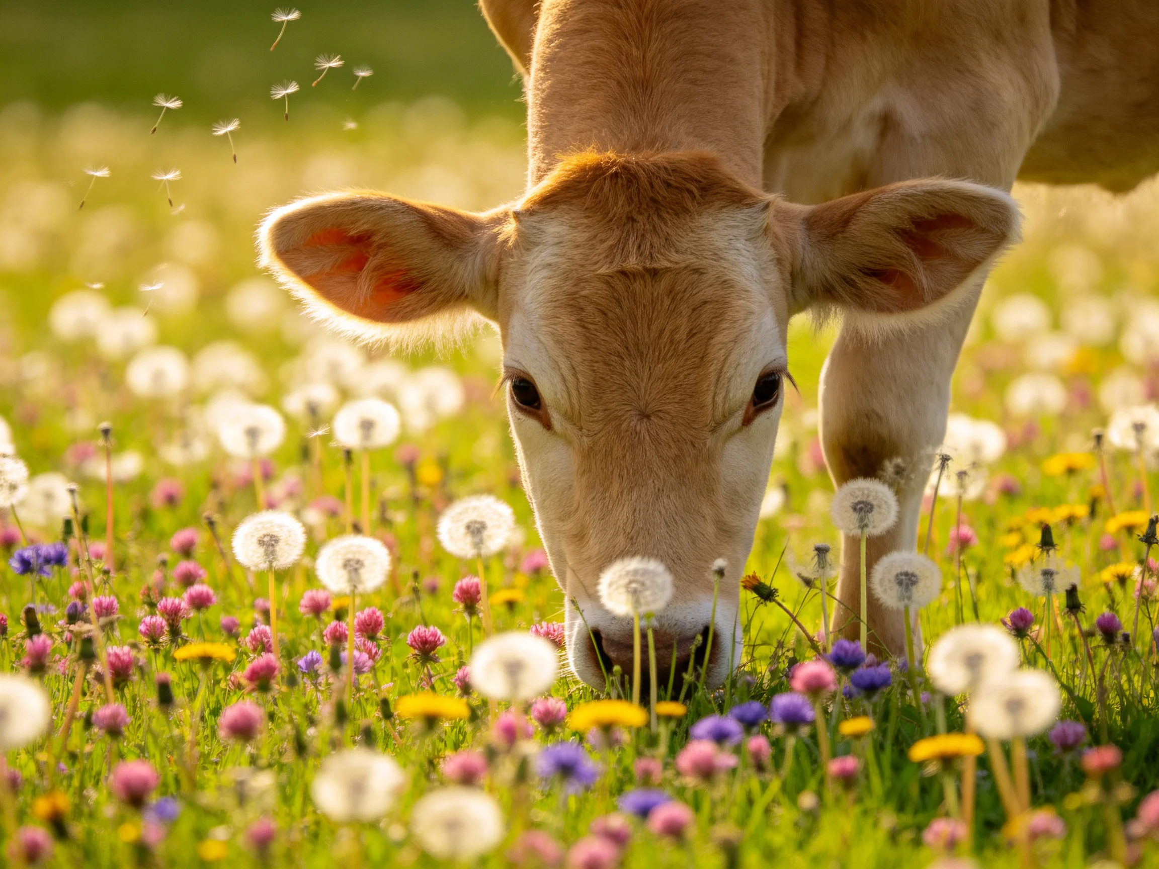 A young brown cow grazing in a vibrant flower-filled meadow