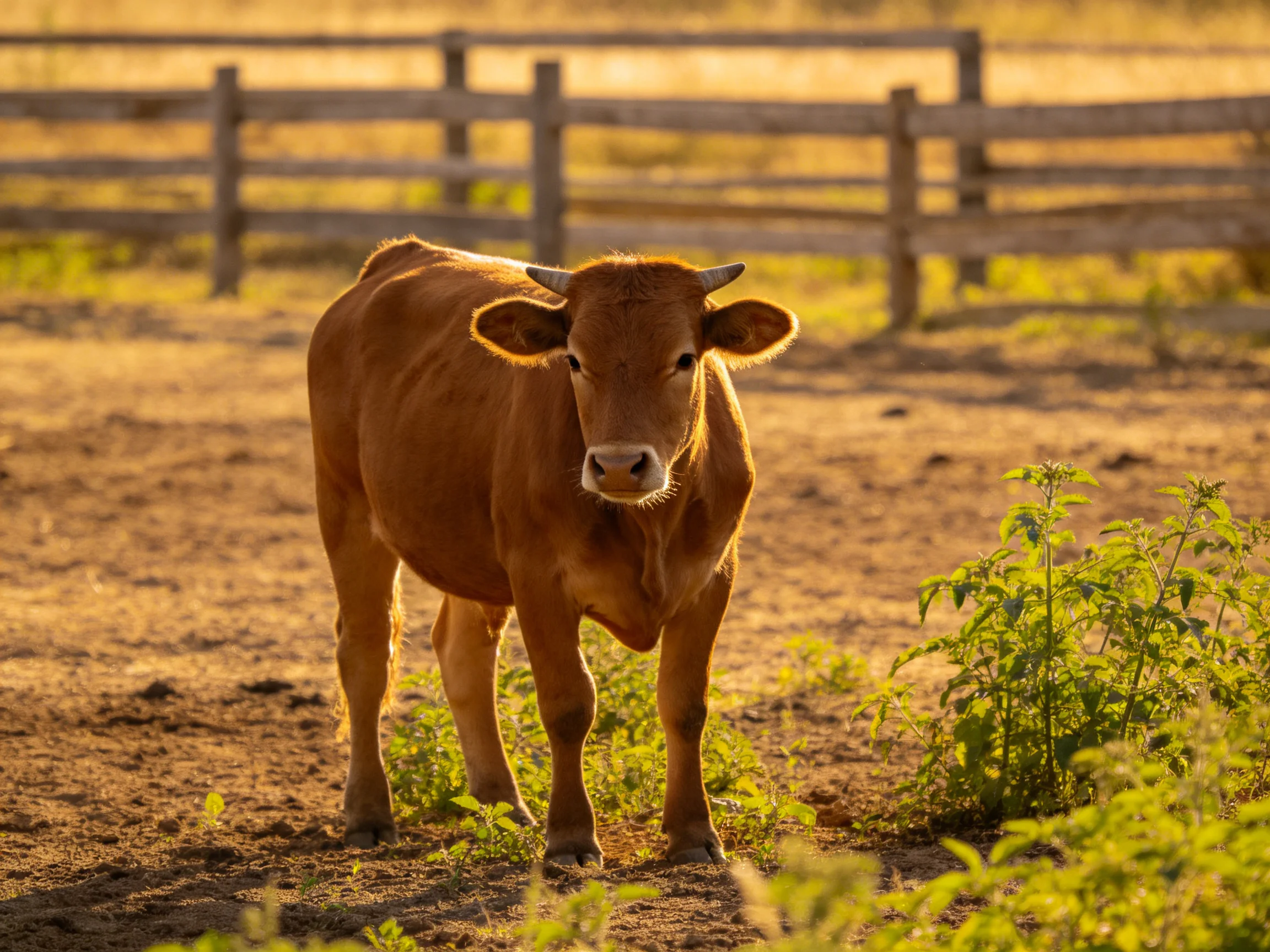 A young brown cow in a sunlit farm enclosure with a wooden fence