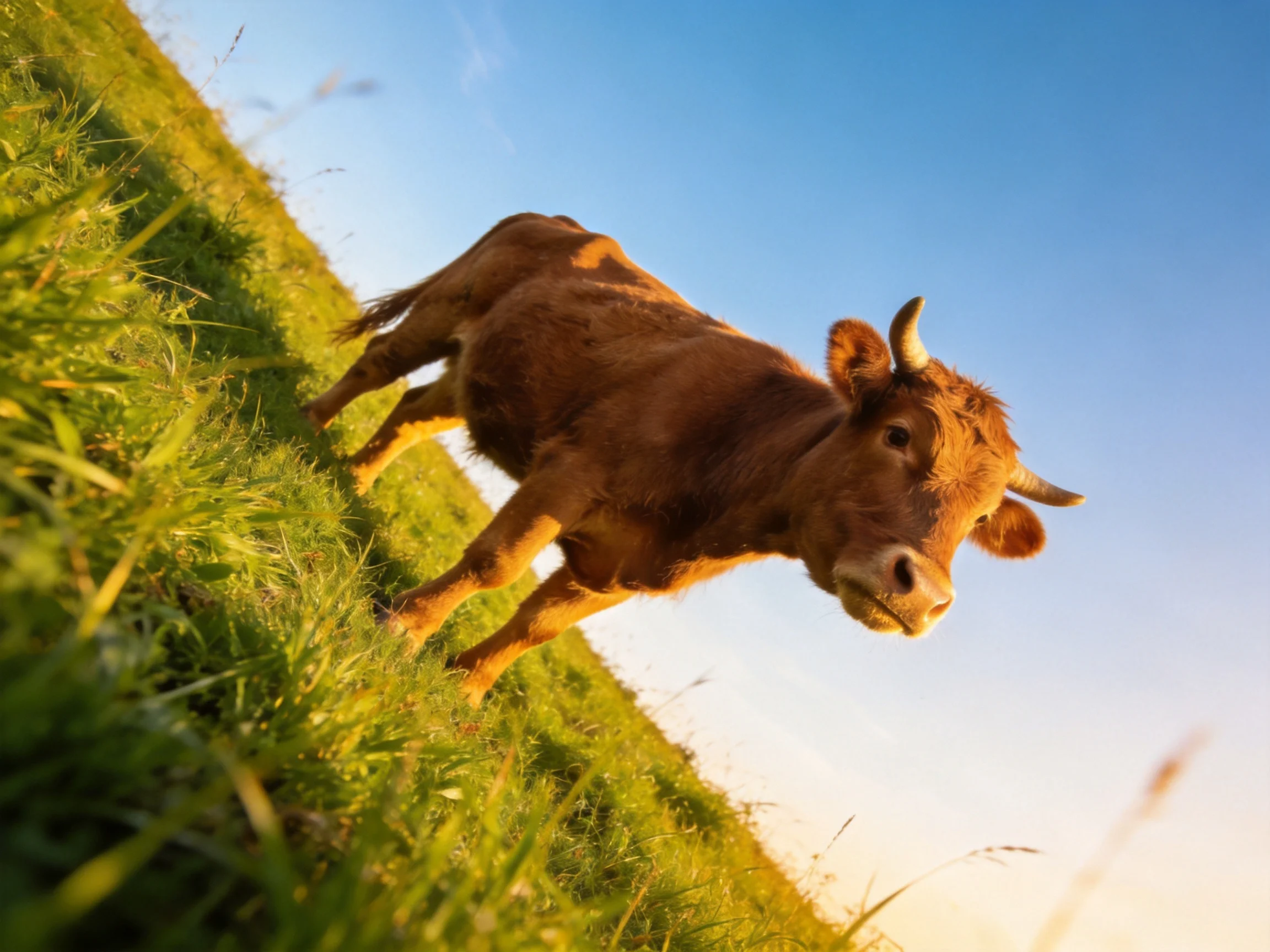 A young brown cow standing on lush green grass under clear blue sky
