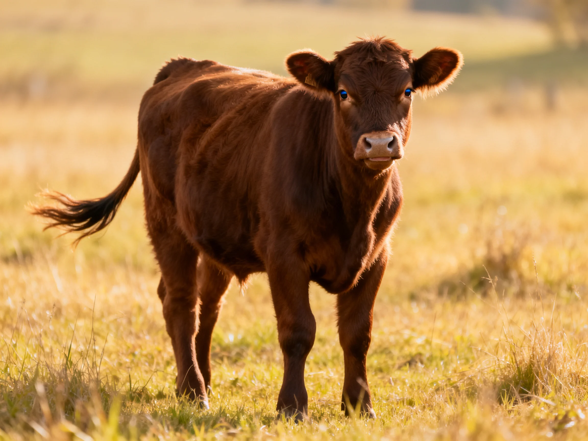 A young brown cow stands in a sunlit grassy field