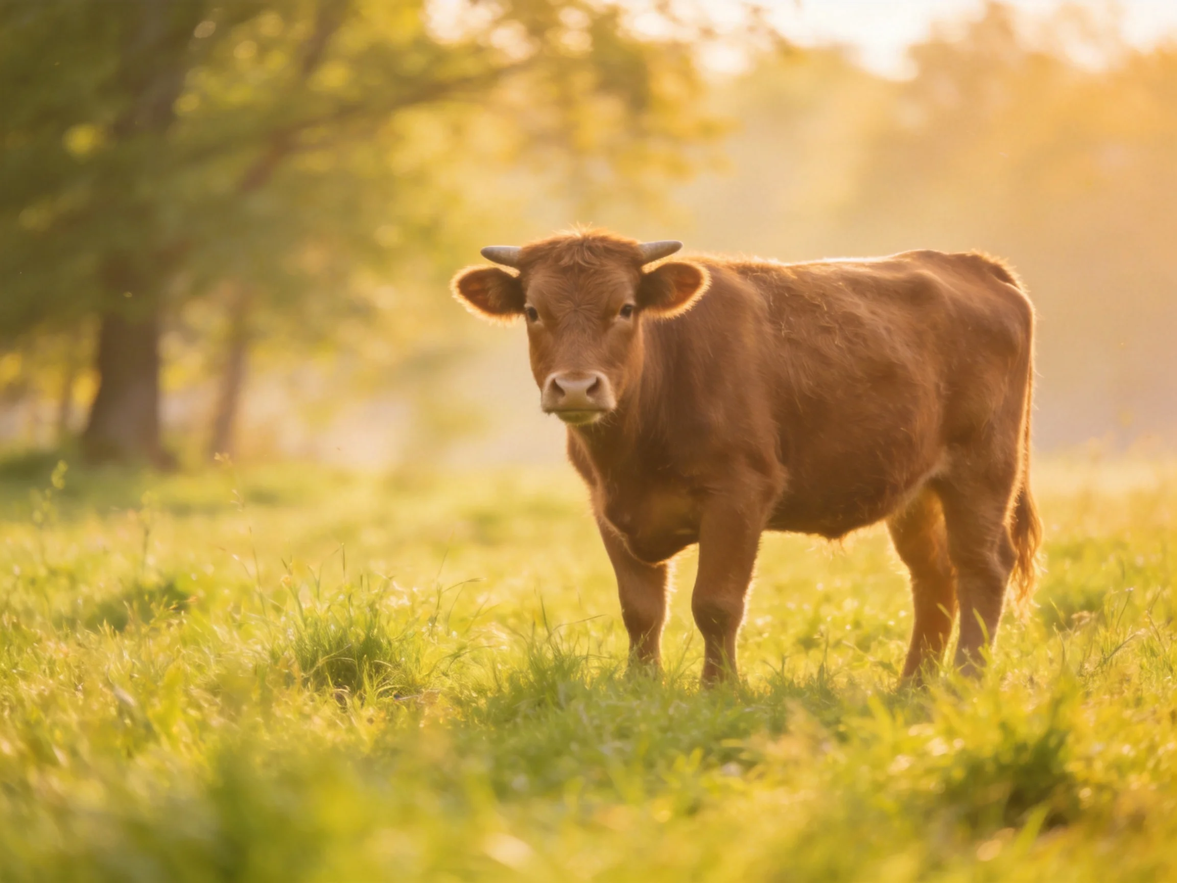 A young brown cow stands in a sunlit green meadow near trees