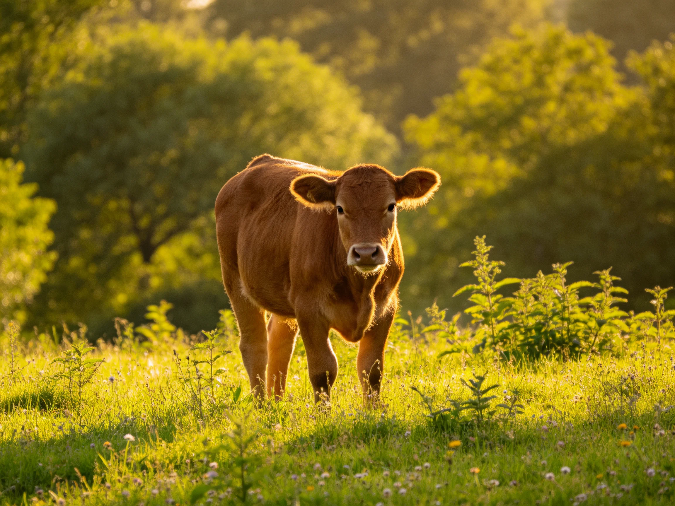 A young brown cow stands in a sunlit green pasture surrounded by trees.