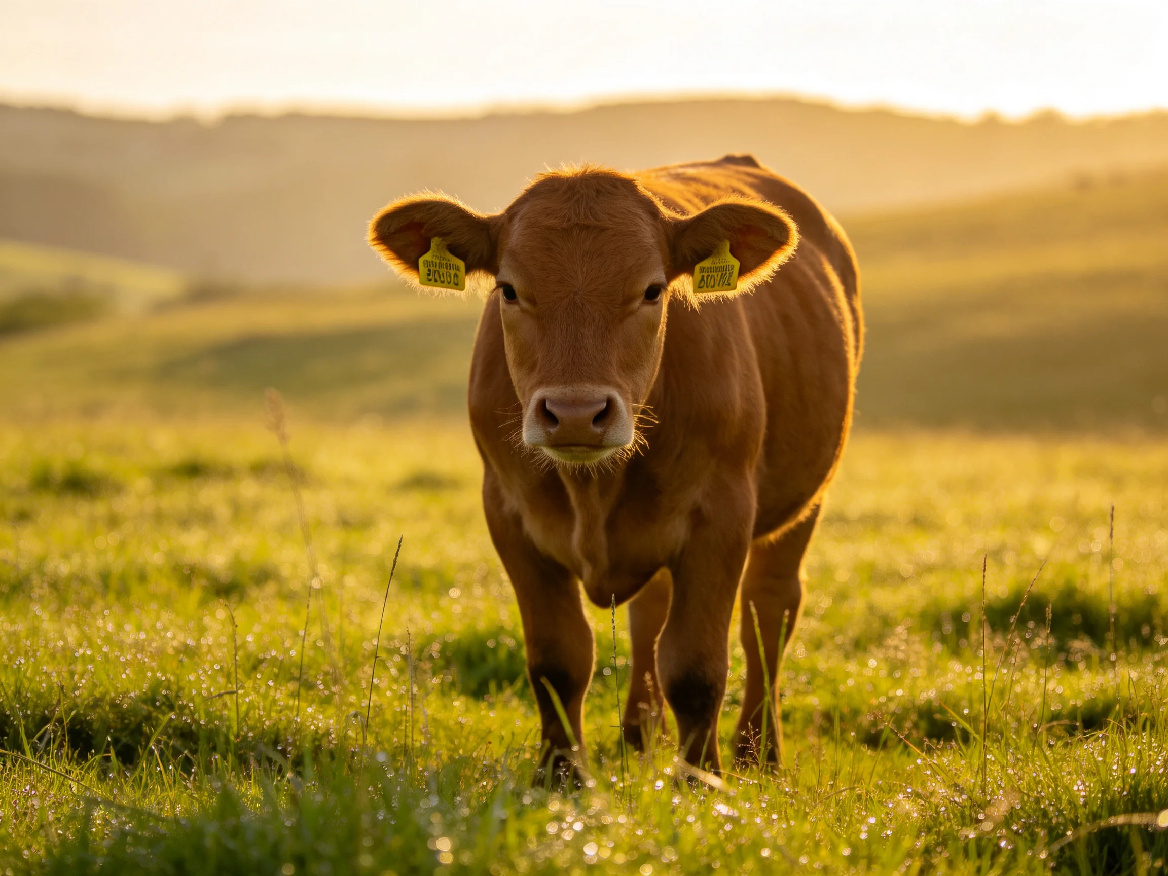 A young brown cow stands in a sunlit green pasture.