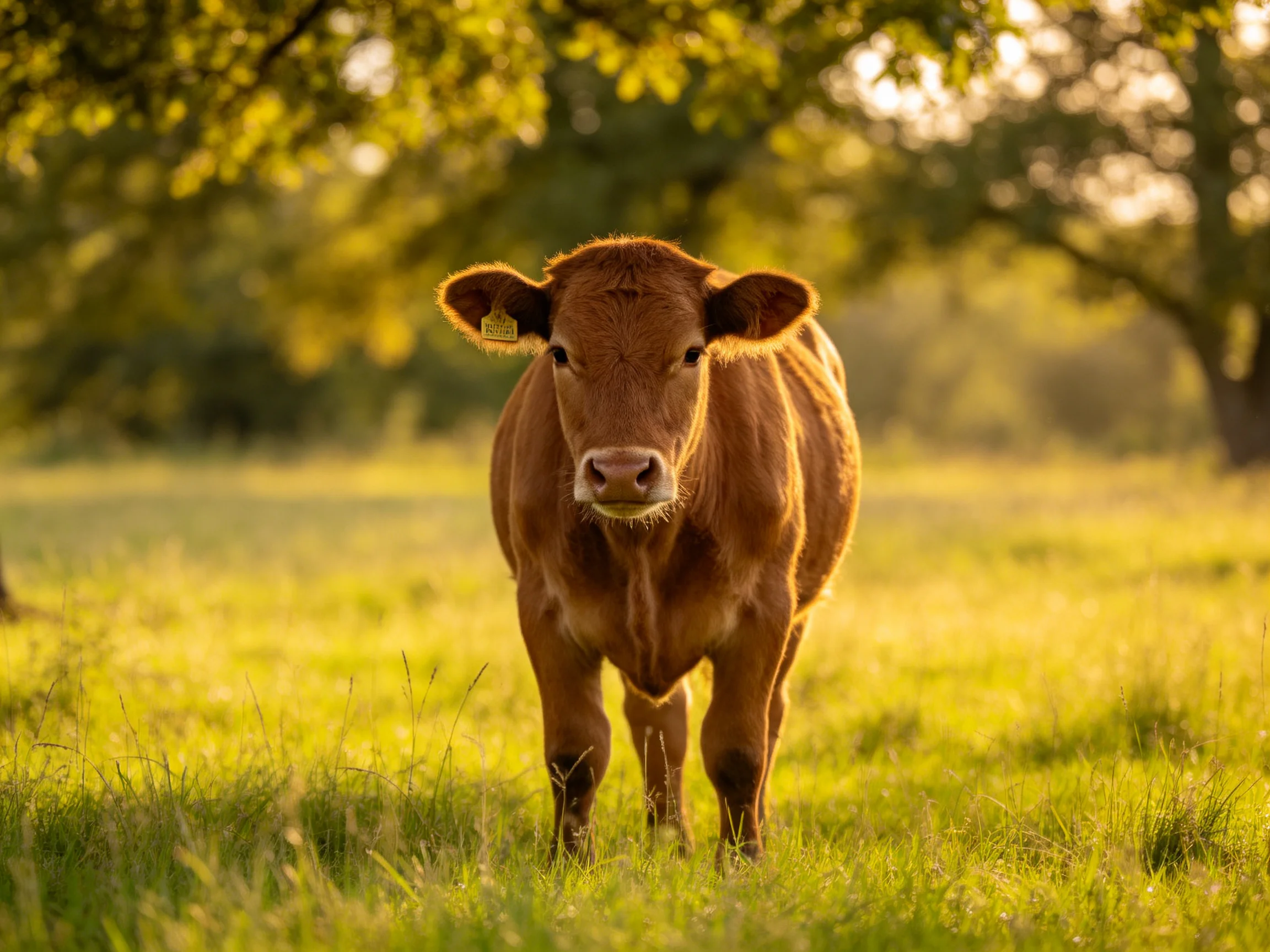 A young brown cow stands in a sunlit green pasture near trees.
