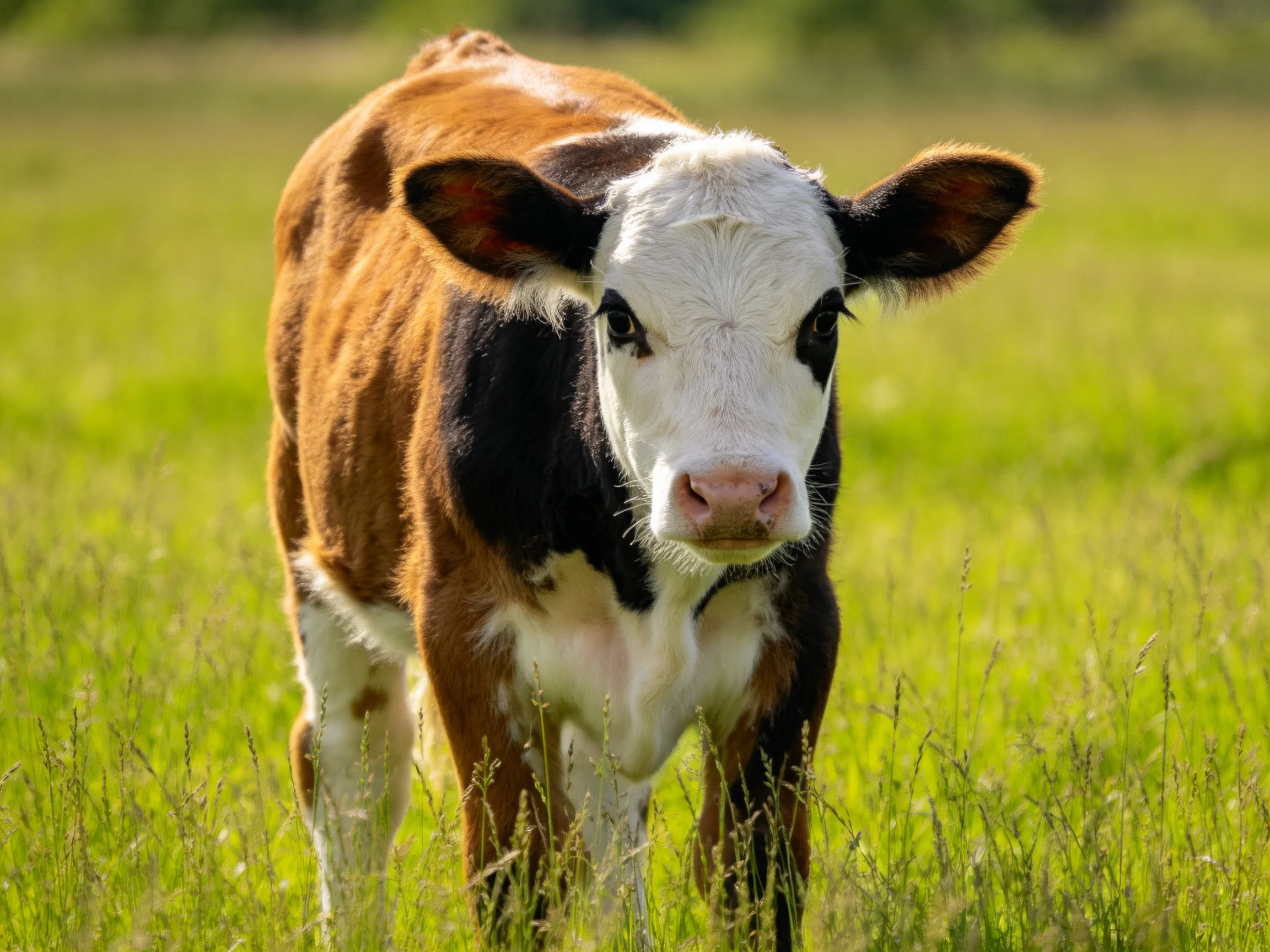 A young multicolored calf stands in a sunlit green pasture.