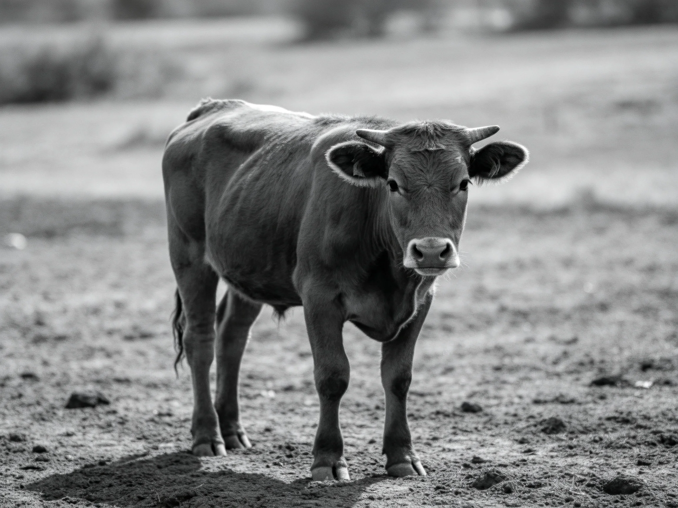 A young cow stands alone on a dusty field in black and white