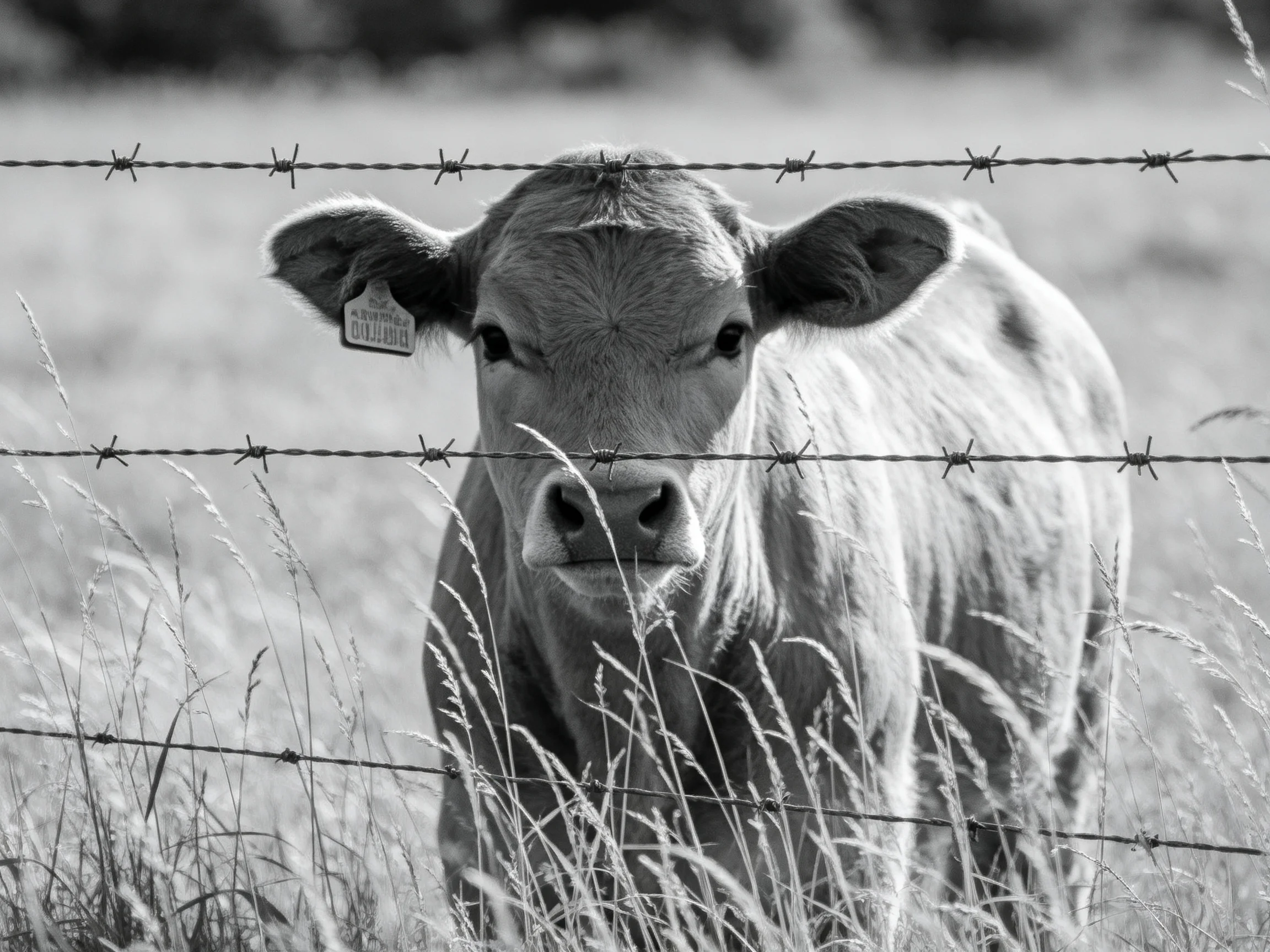 A young cow stands behind barbed wire in a grassy field