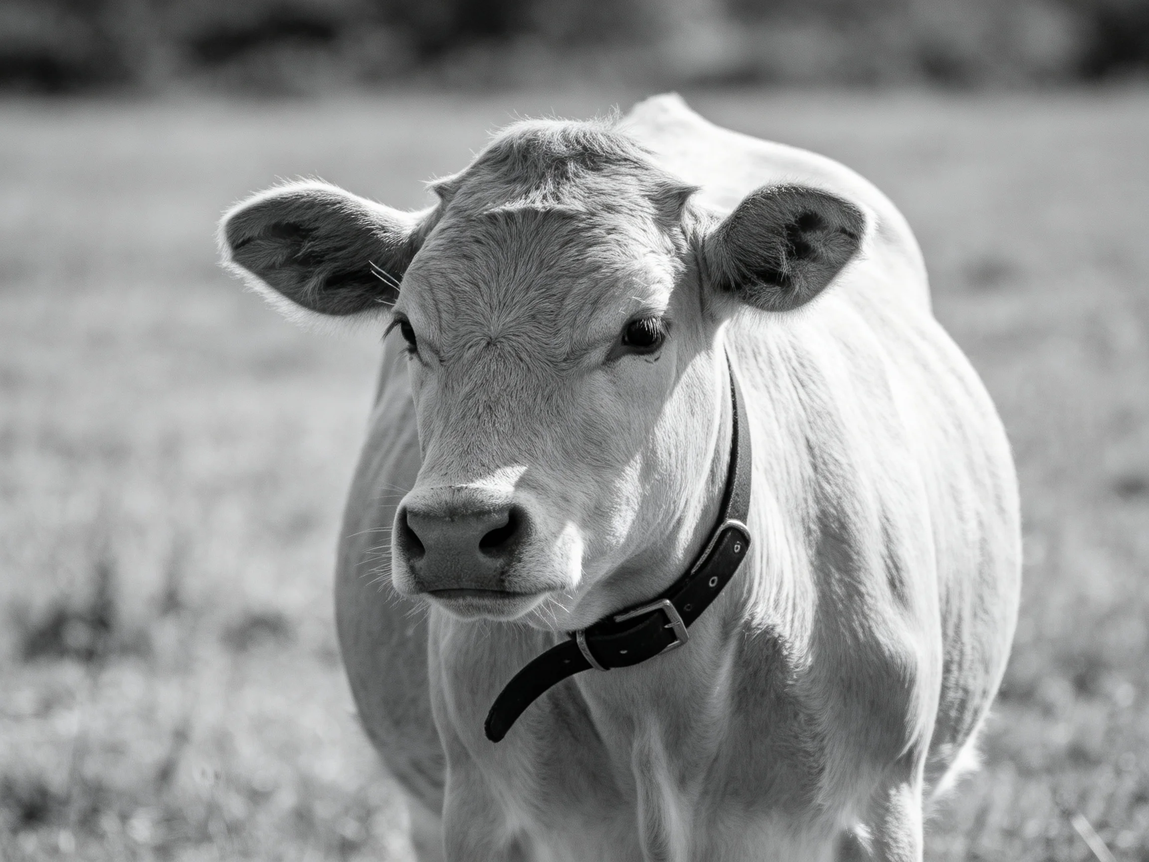 A young cow with a collar in an open field
