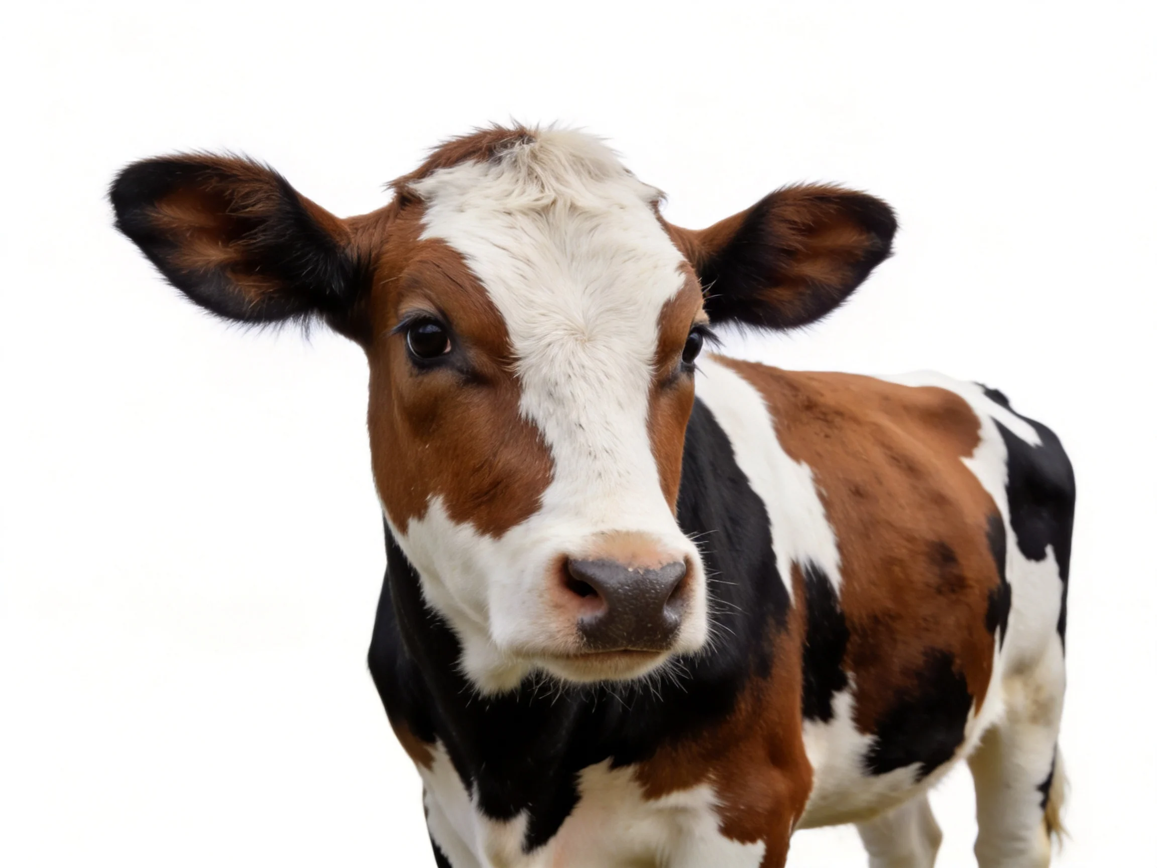 A young cow with brown, white, and black patches against a stark white background