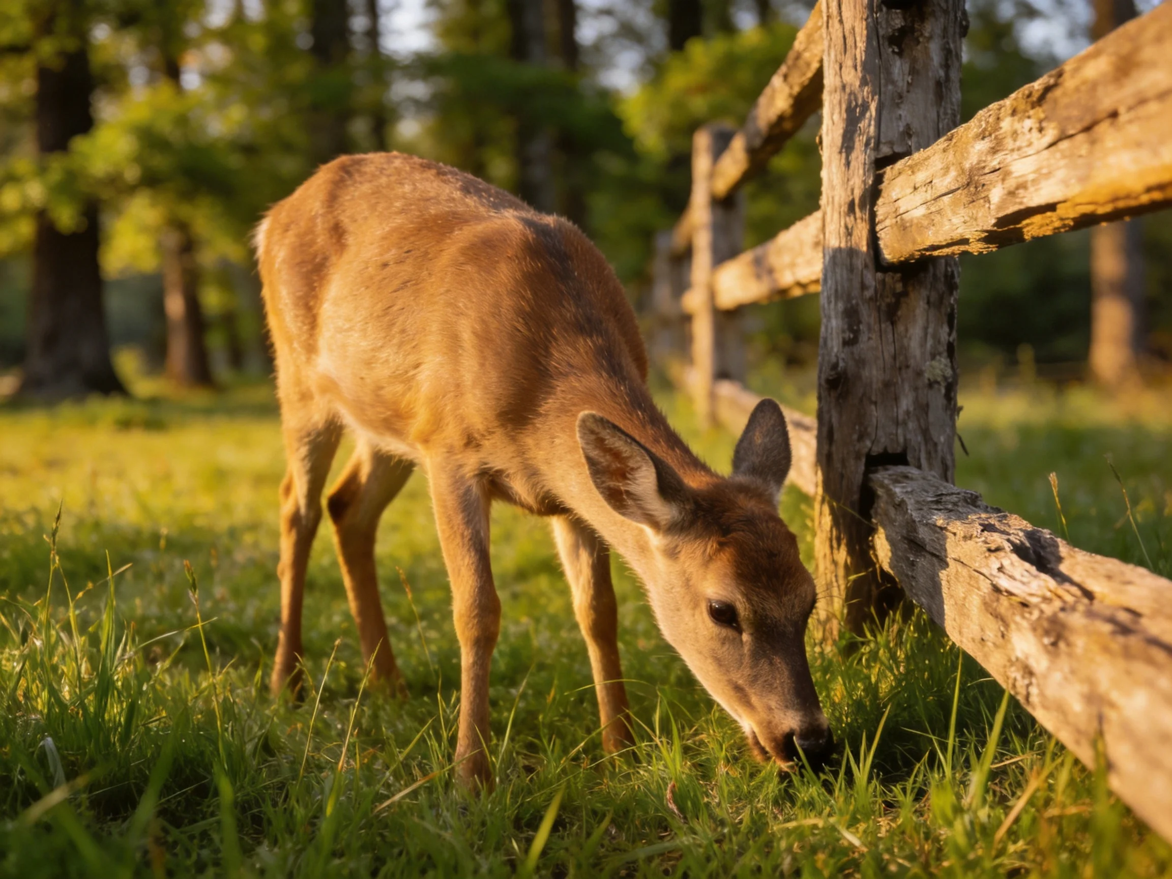 A young deer grazes beside a weathered wooden fence in sunlit meadow