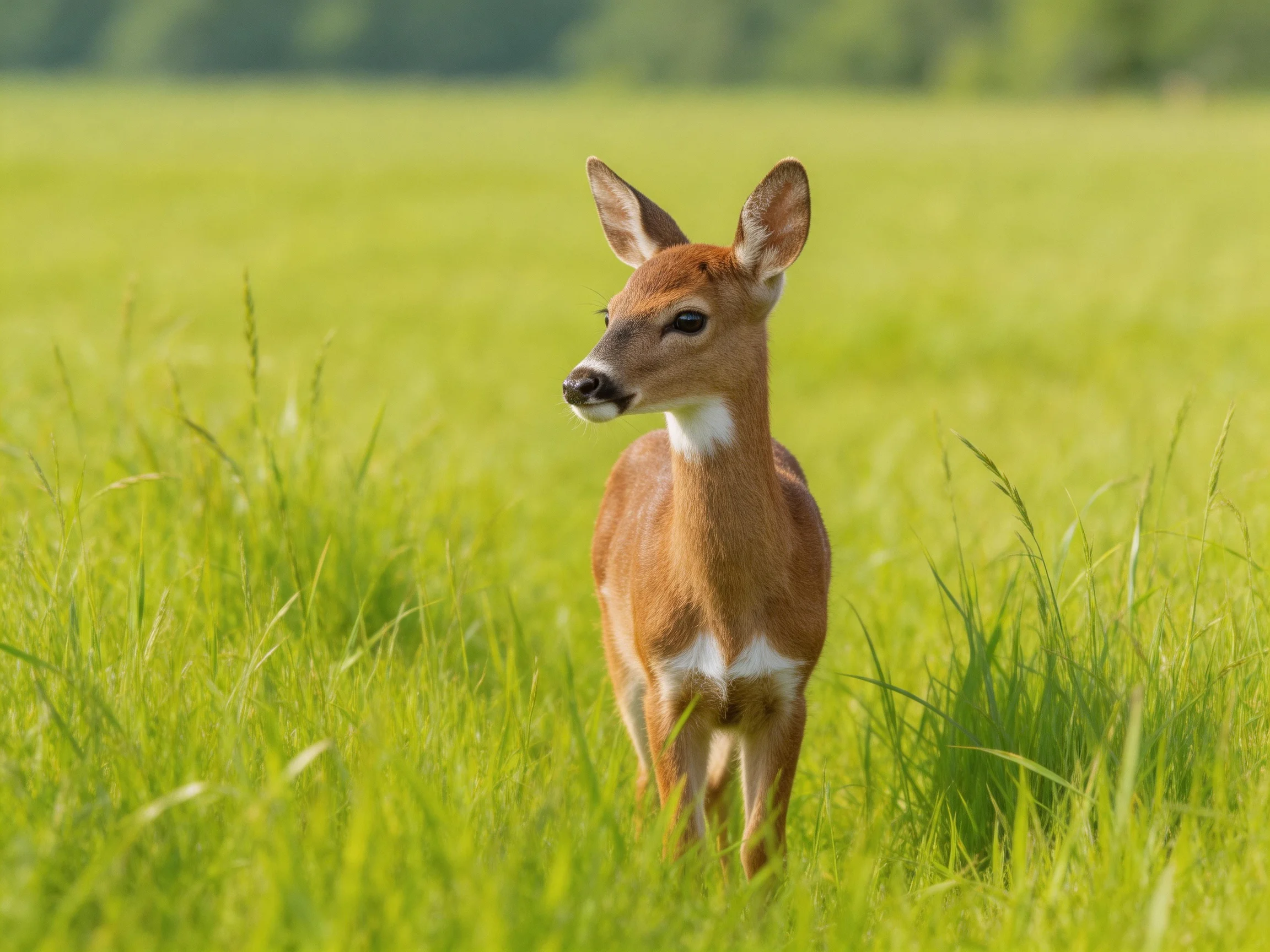 A young deer stands in a sunlit meadow of tall green grass