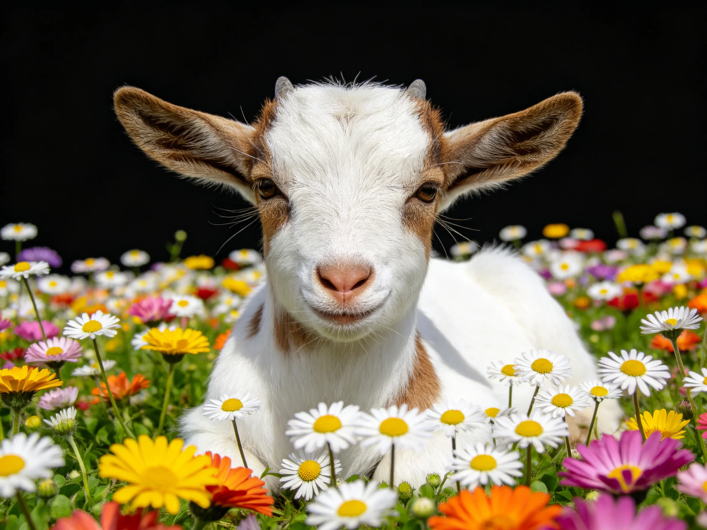 A young goat surrounded by vibrant multicolored wildflowers