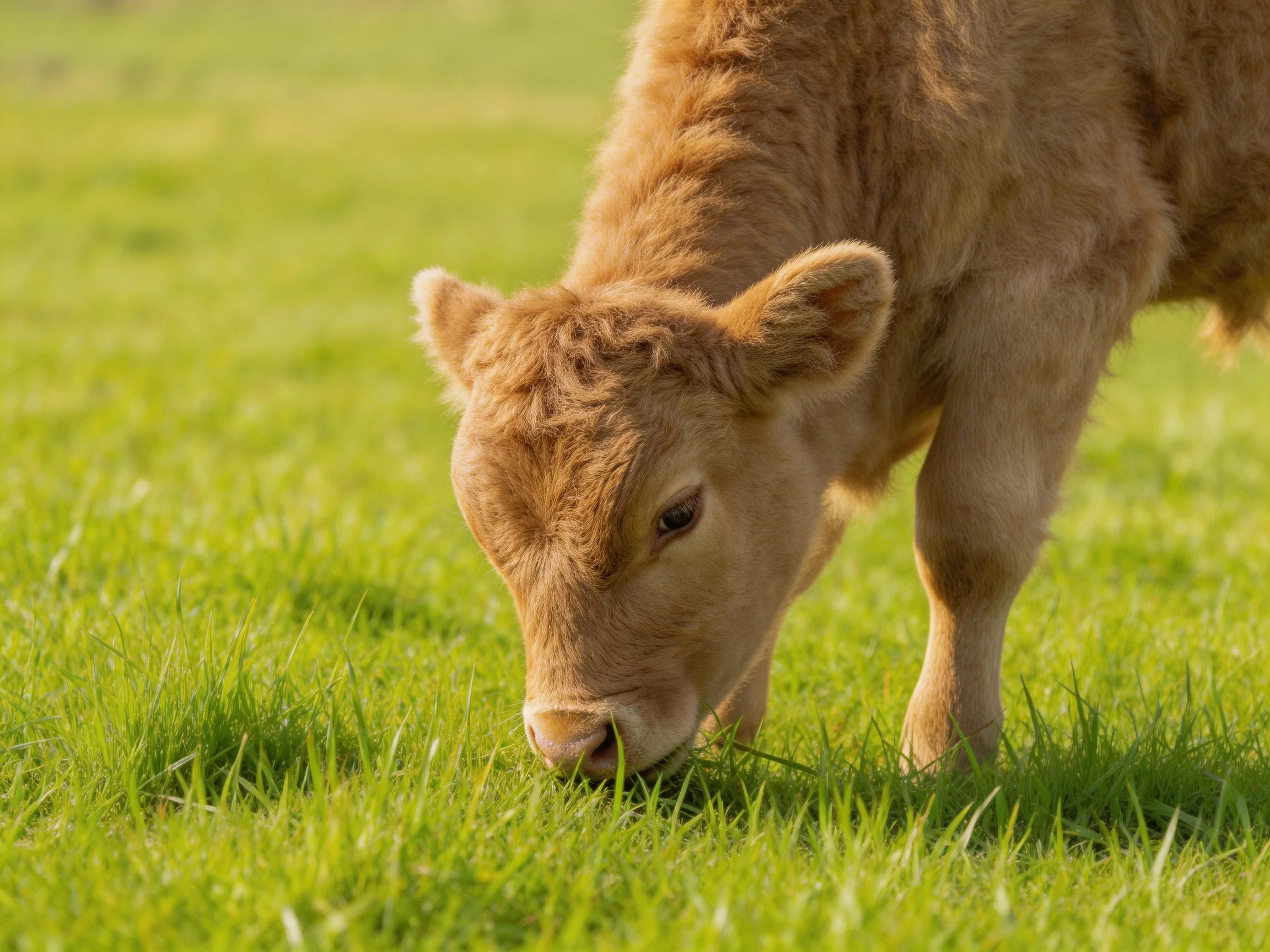 A young light brown calf grazing in a sunlit green pasture