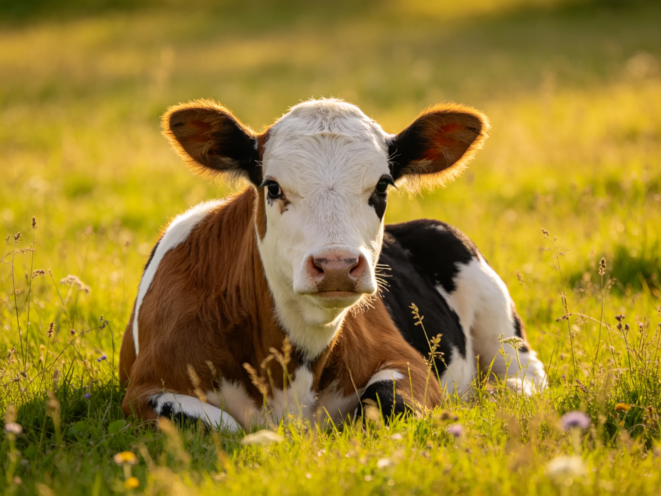 A young multi-colored calf resting in a sun-drenched meadow